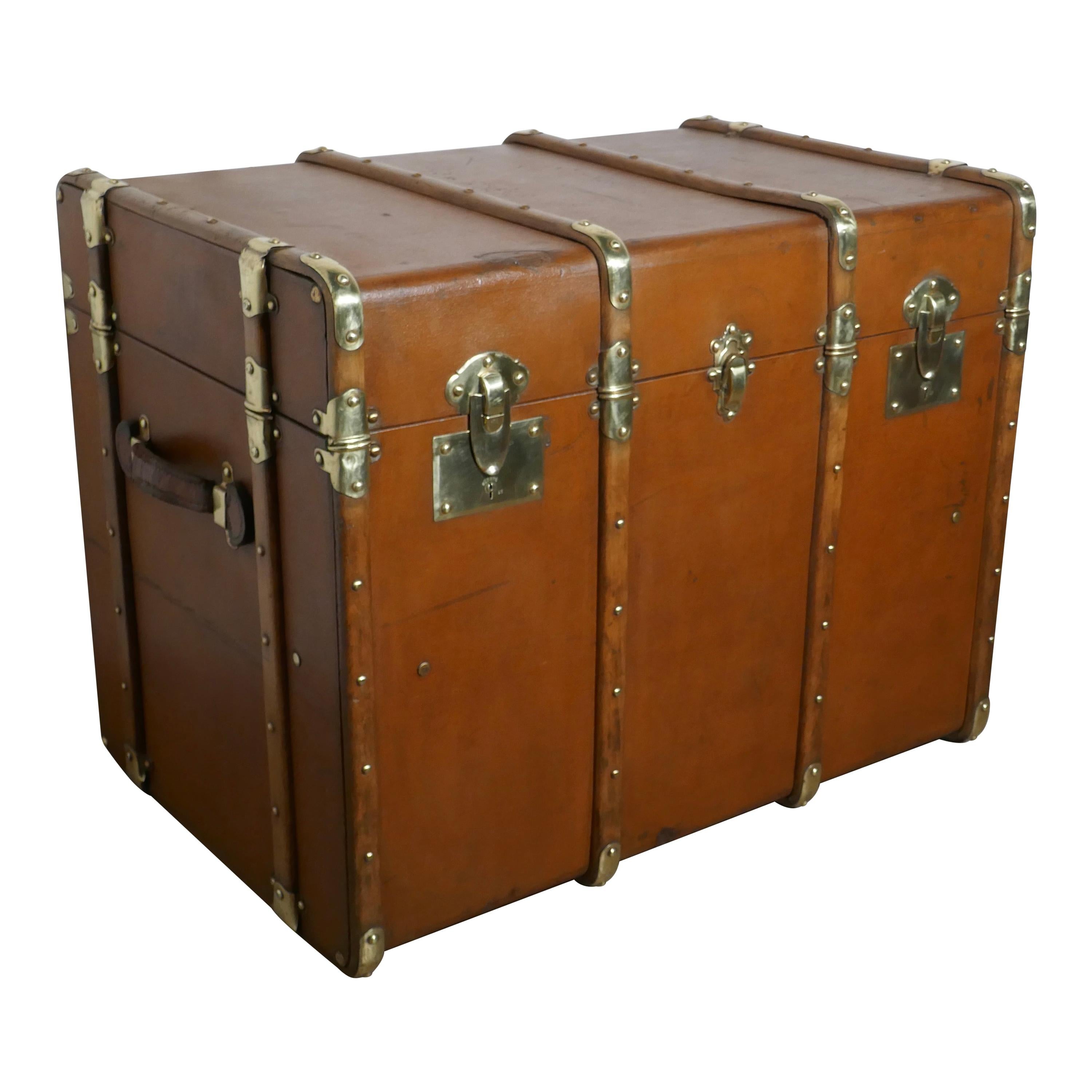 Large Tan Canvas, Wood and Brass Bound Steamer Trunk