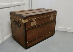 Large Tan Canvas, Wood, Leather and Brass Bound Steamer Trunk