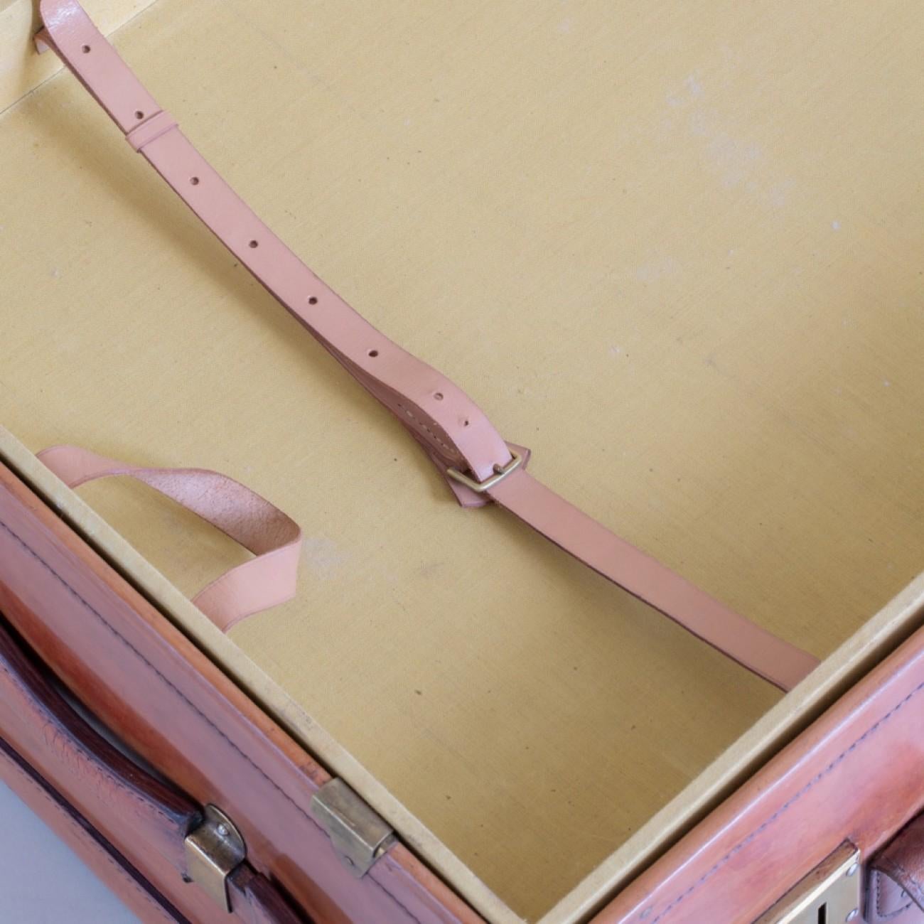 Large Tan Leather Suitcase with Straps and Tray, circa 1930 1