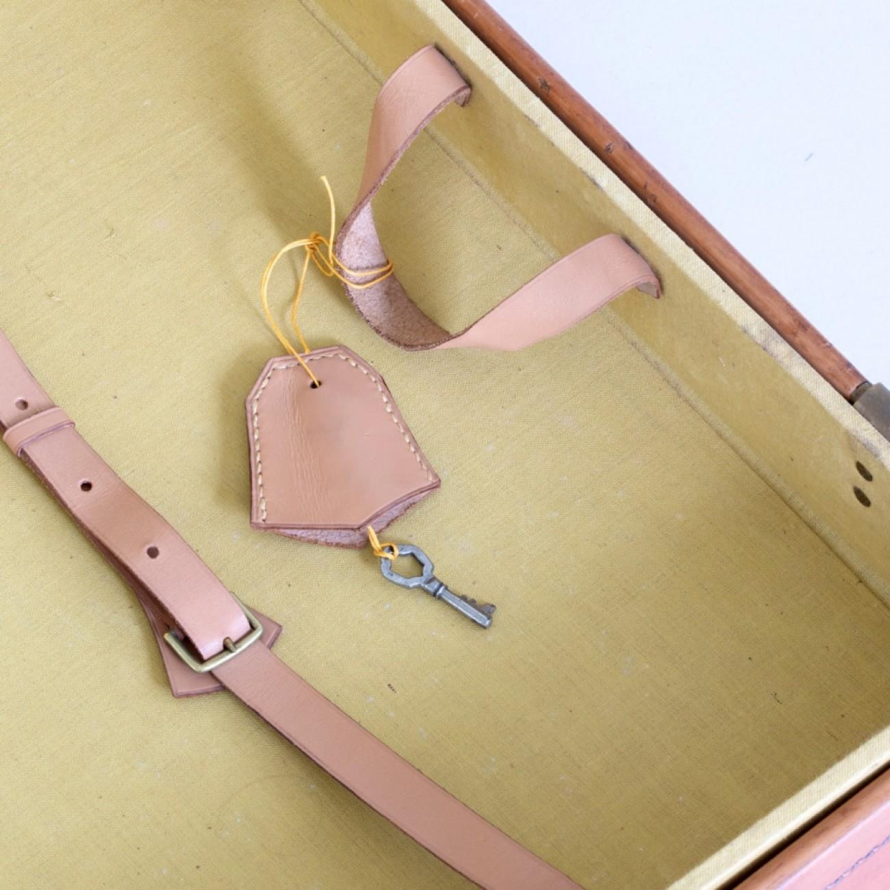 Large Tan Leather Suitcase with Straps and Tray, circa 1930 3