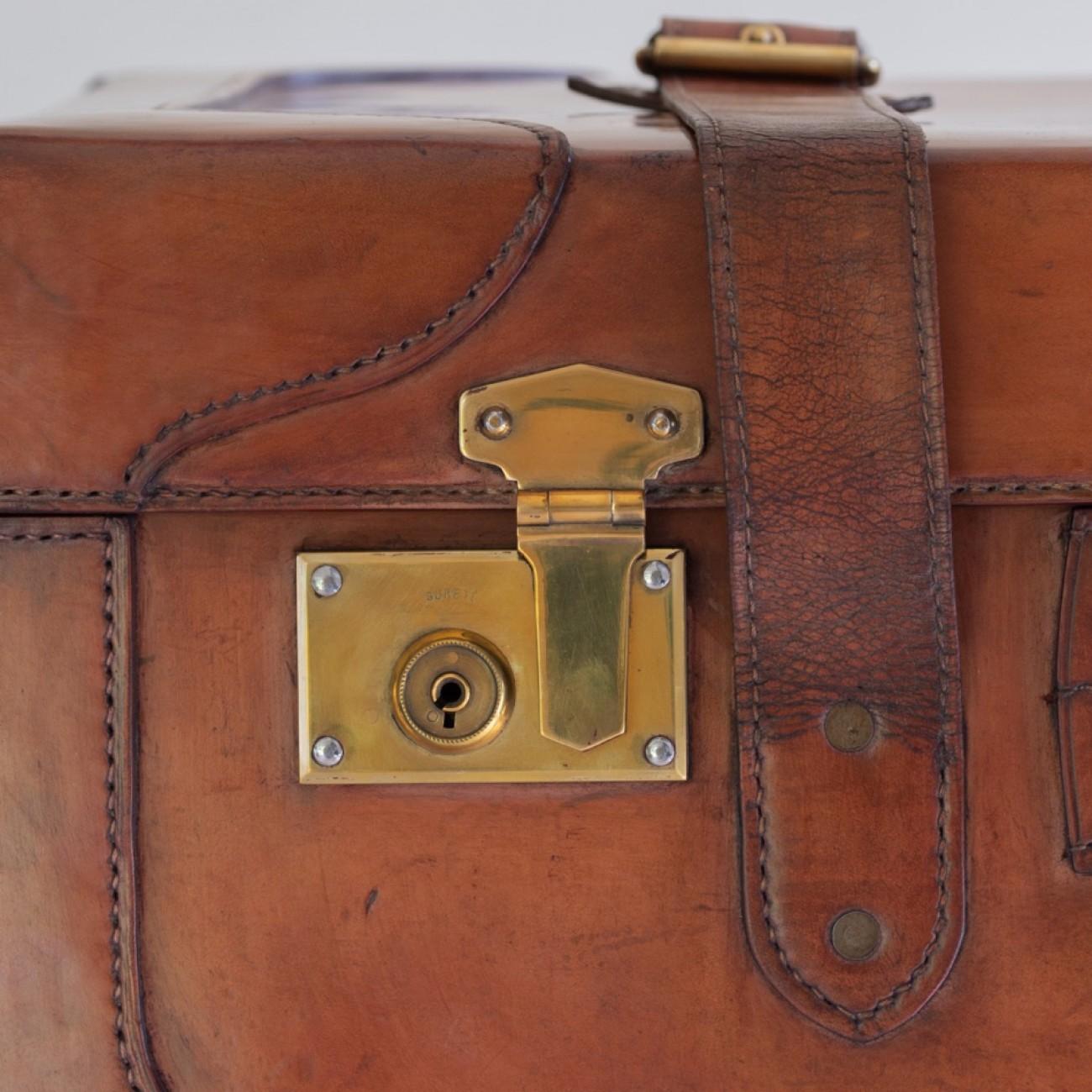 Large Tan Leather Suitcase with Straps and Tray, circa 1930 4