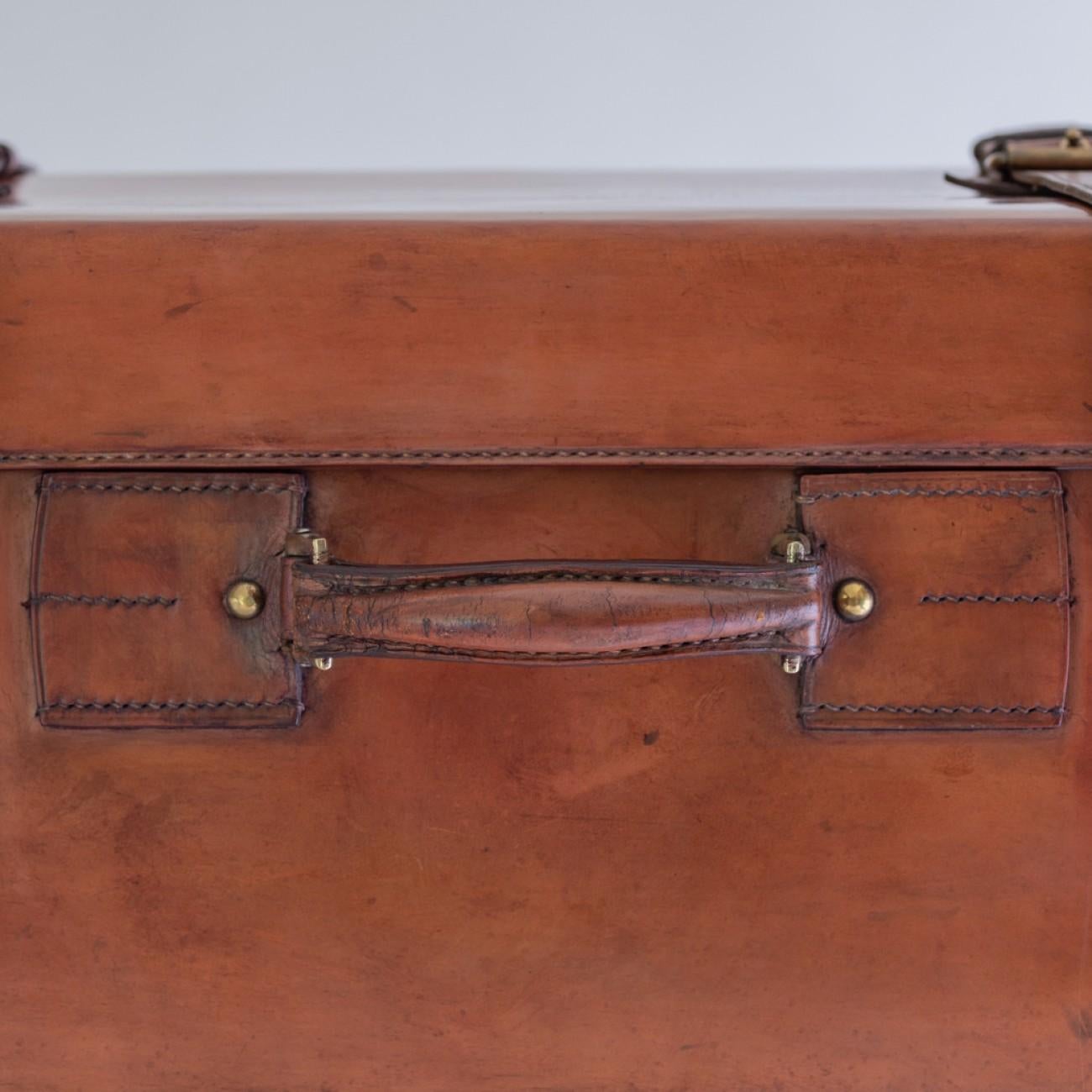 Large Tan Leather Suitcase with Straps and Tray, circa 1930 5