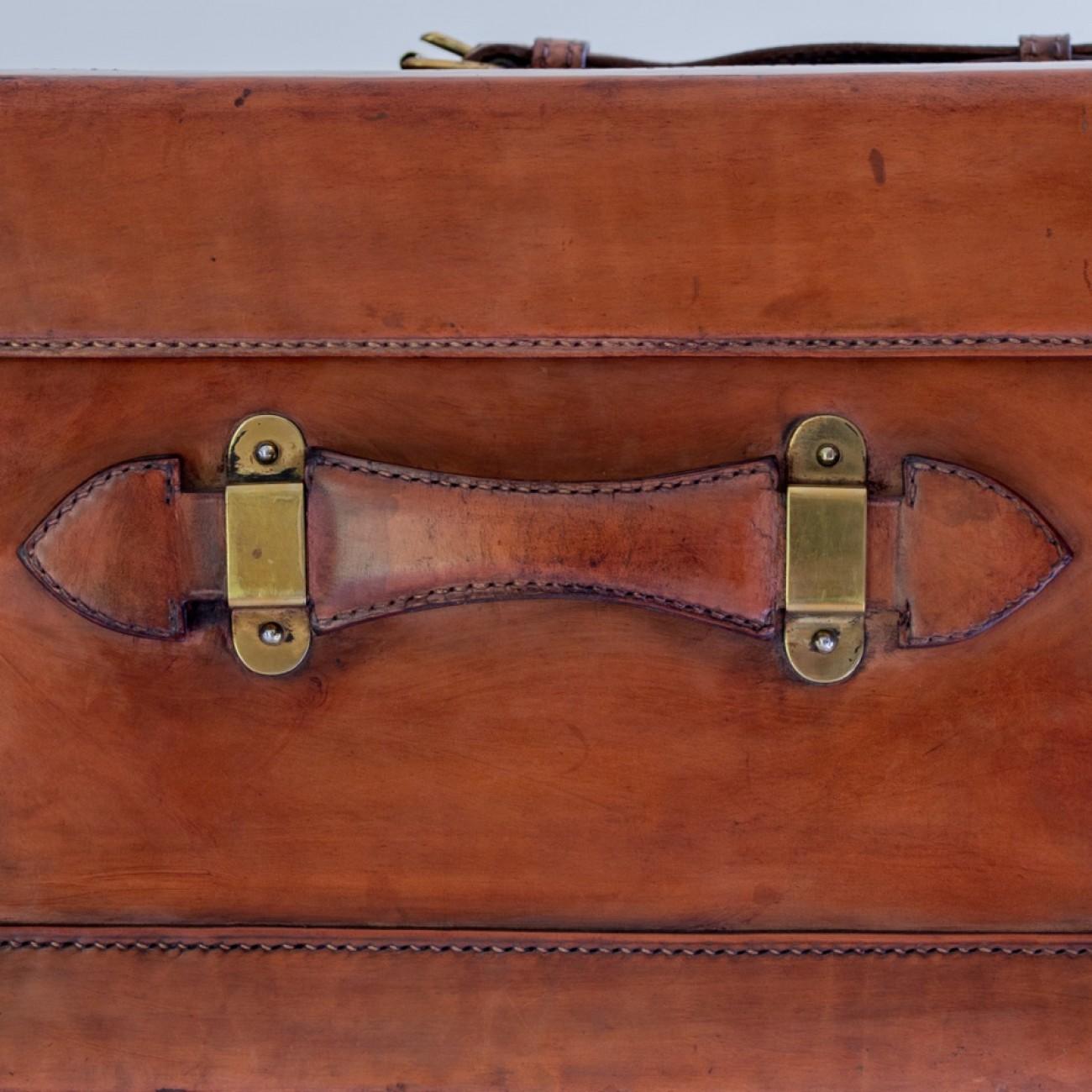 Large Tan Leather Suitcase with Straps and Tray, circa 1930 6