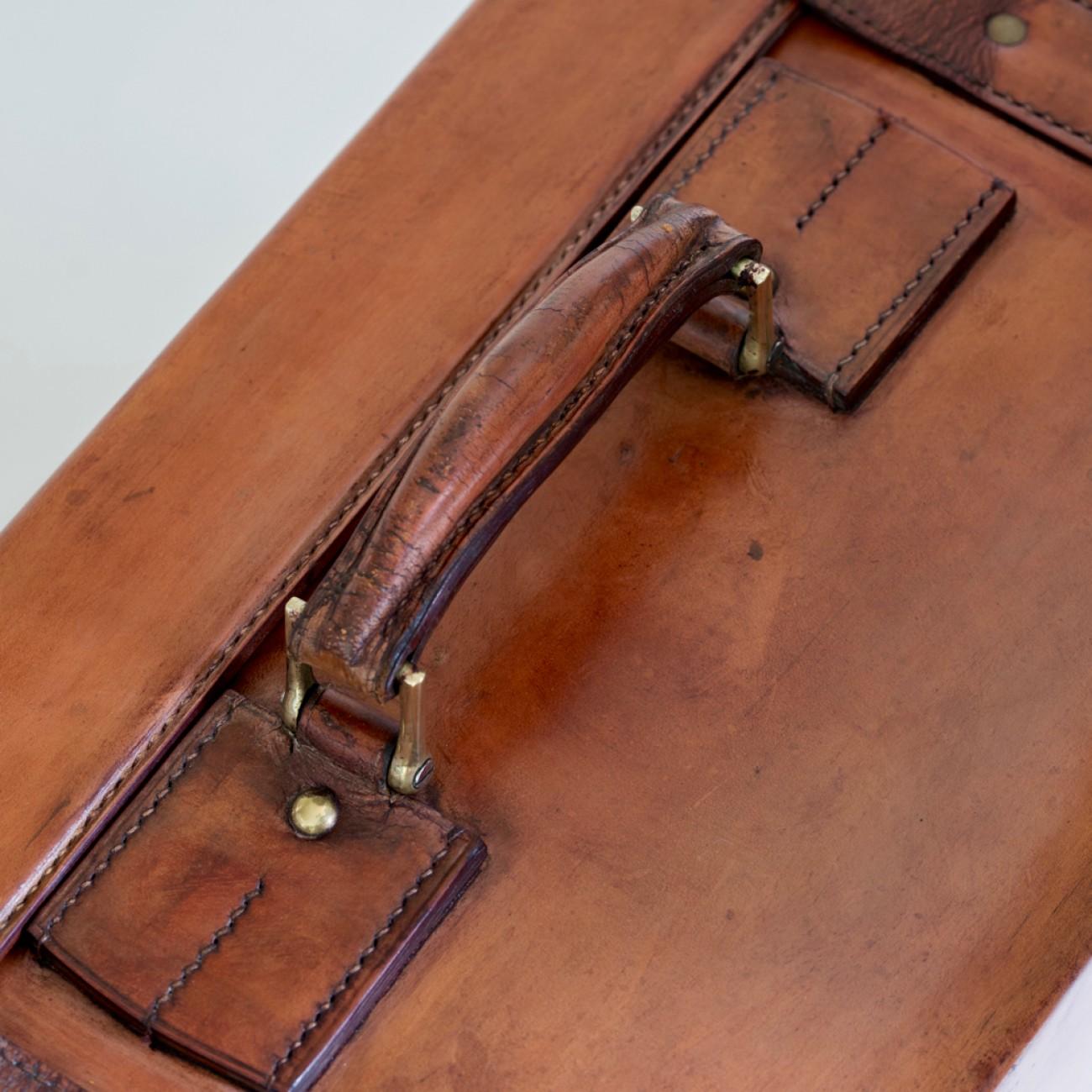 Large Tan Leather Suitcase with Straps and Tray, circa 1930 8