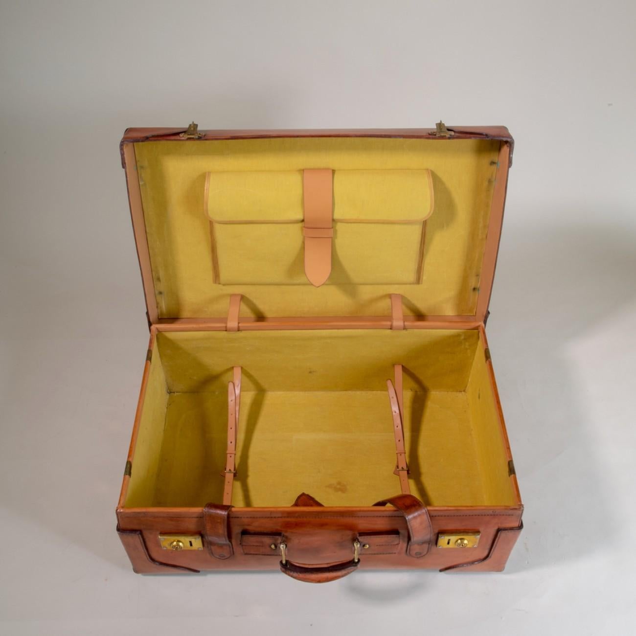 Brass Large Tan Leather Suitcase with Straps and Tray, circa 1930