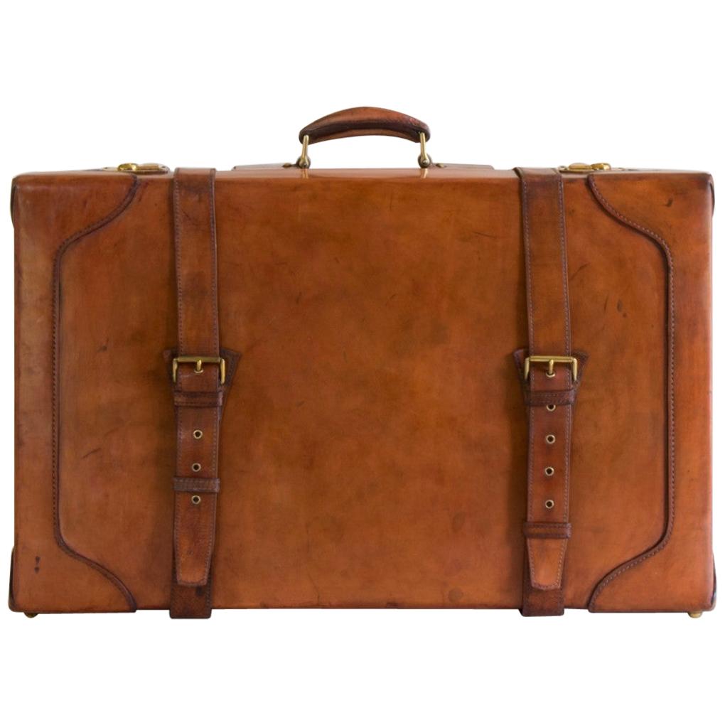 Large Tan Leather Suitcase with Straps and Tray, circa 1930