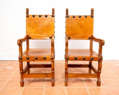 Large Tan Leather Throne Chairs Pair Studded Mexican Colonial Wedding Armchairs