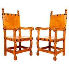 Large Tan Leather Throne Chairs Pair Studded Mexican Colonial Wedding Armchairs