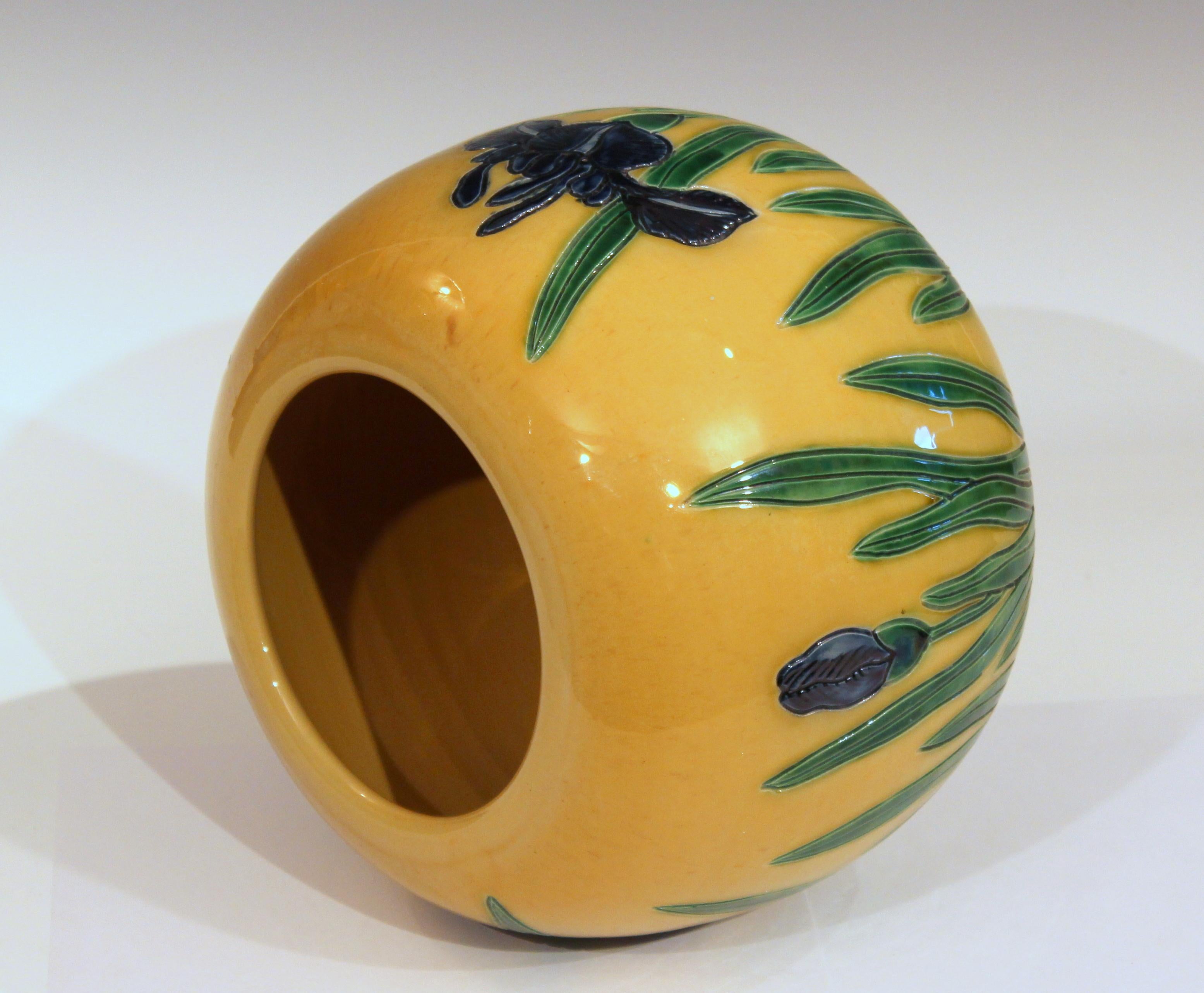 Art Nouveau Large Tanabe-Awaji Pottery Japanese Incised Iris Signed Jardinière Bowl Vase For Sale