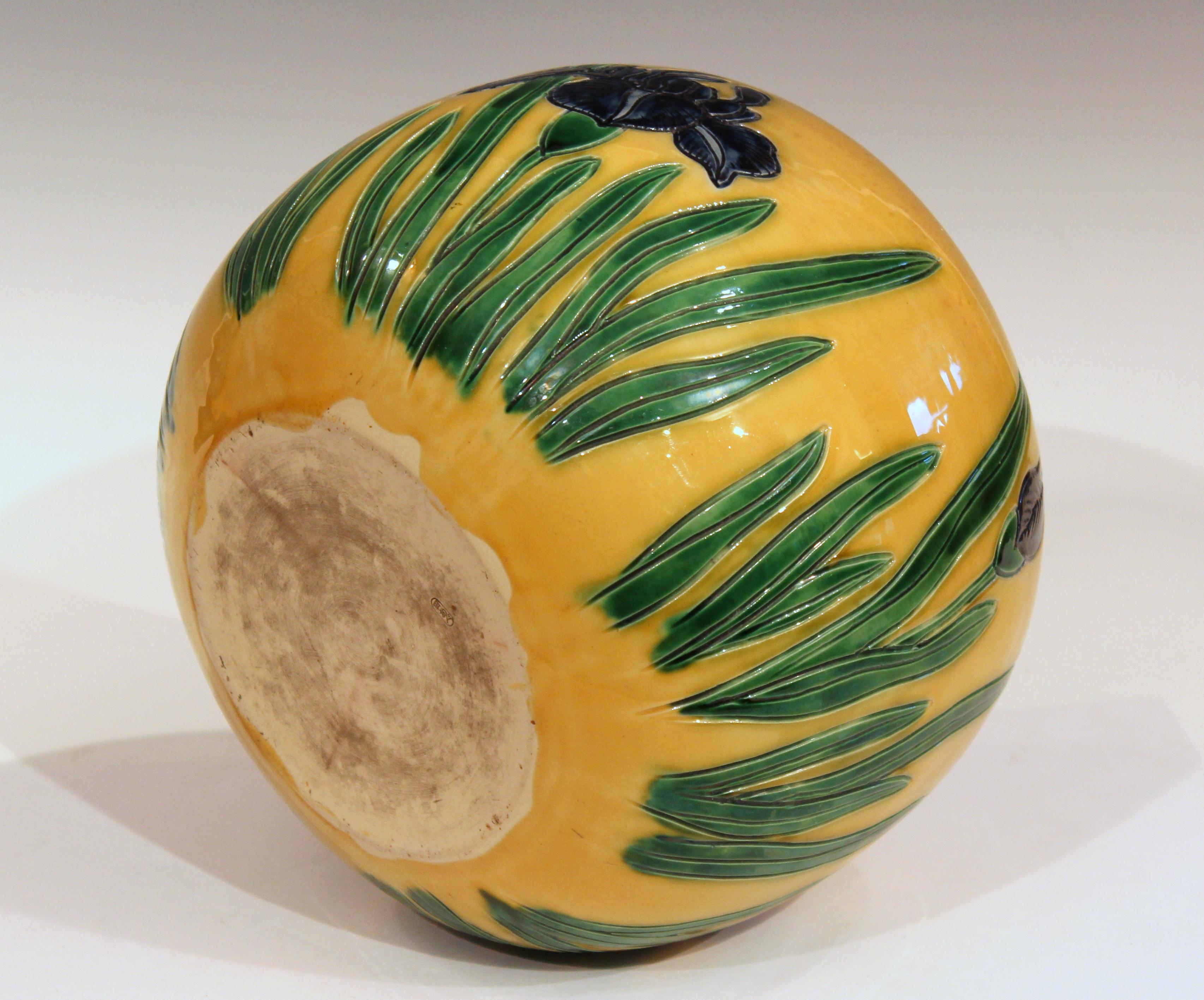 Turned Large Tanabe-Awaji Pottery Japanese Incised Iris Signed Jardinière Bowl Vase For Sale