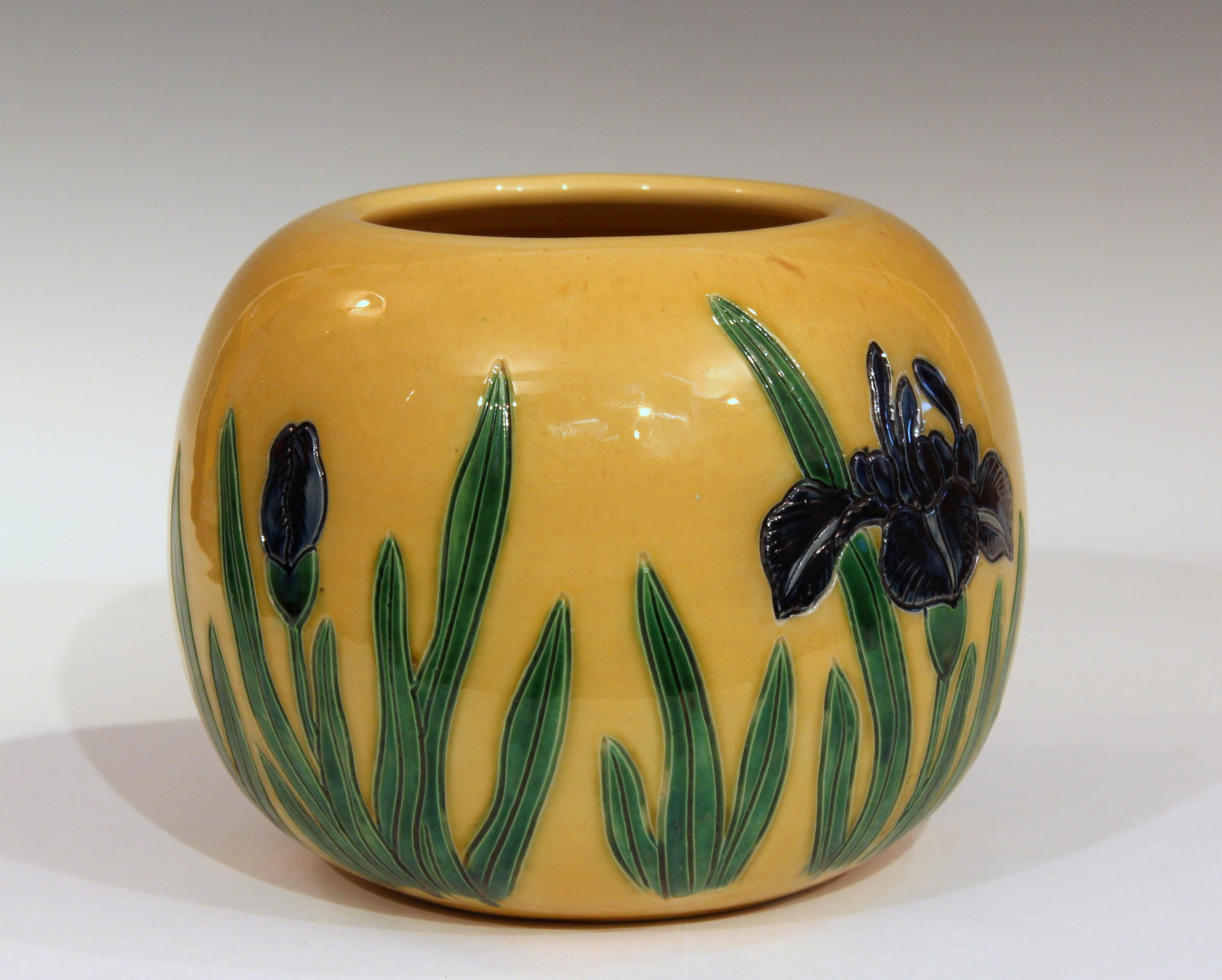 20th Century Large Tanabe-Awaji Pottery Japanese Incised Iris Signed Jardinière Bowl Vase For Sale