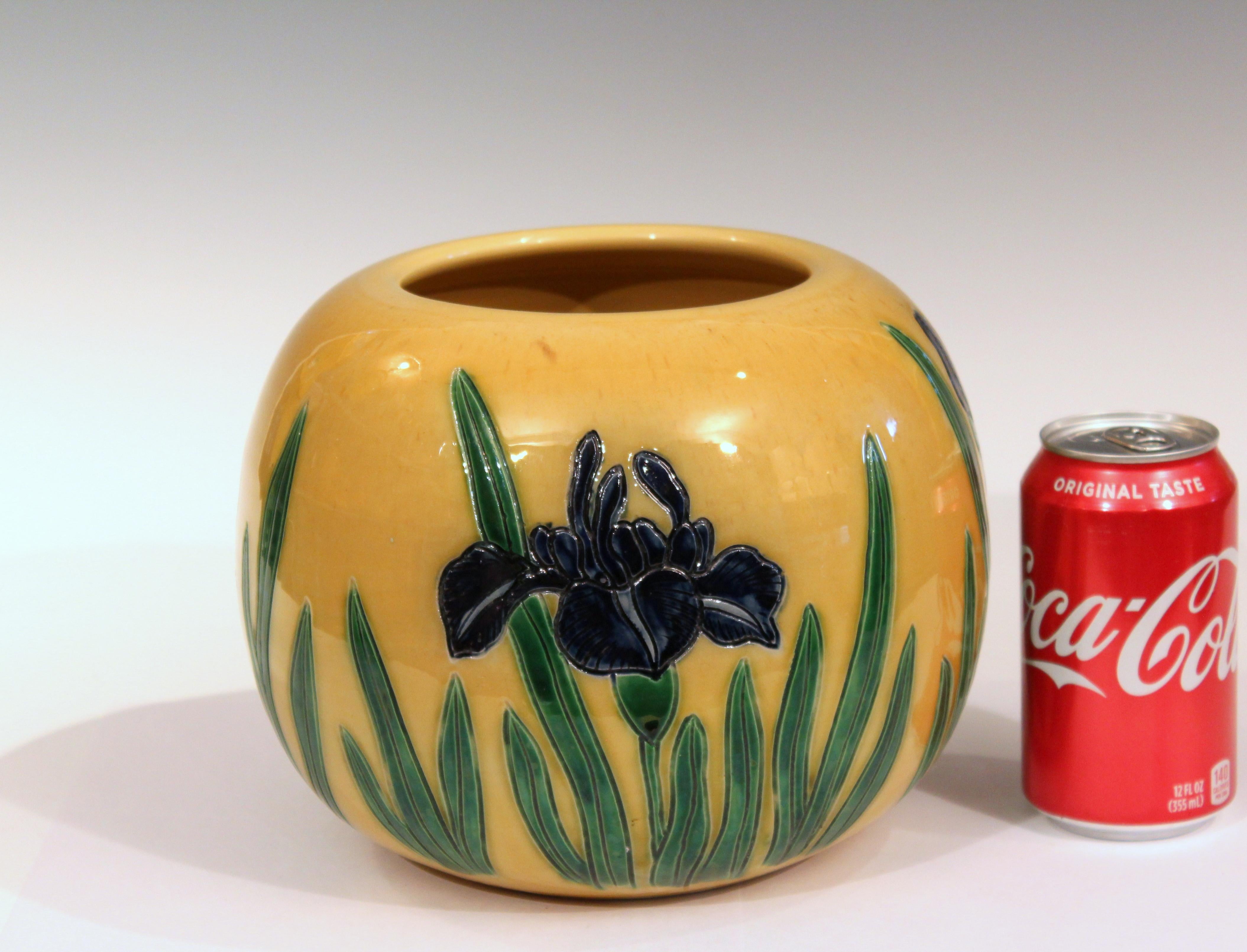 Large Tanabe-Awaji Pottery Japanese Incised Iris Signed Jardinière Bowl Vase For Sale 1