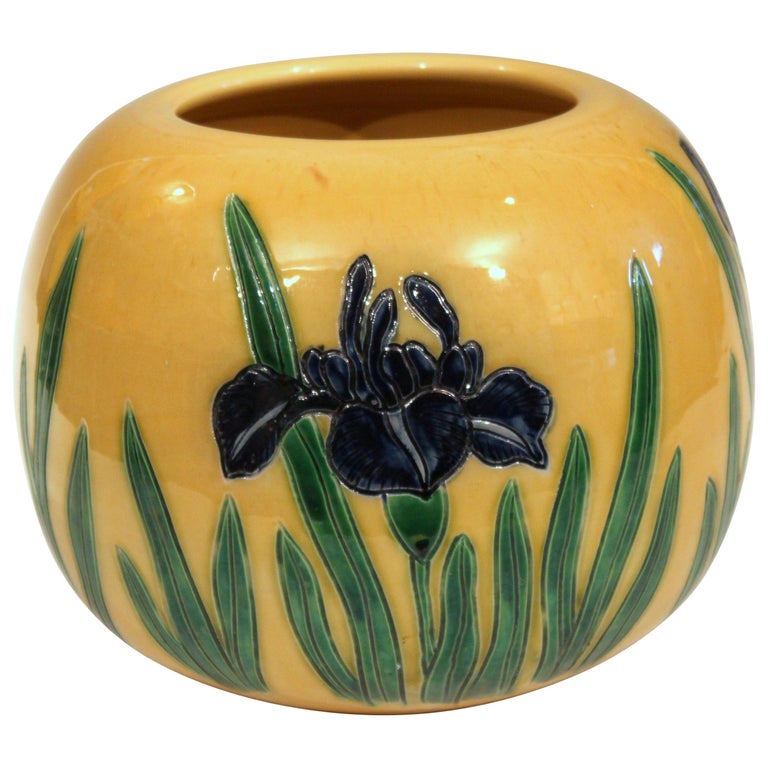 Grand vase de jardinière en céramique TanabeAwaji incisé d'iris et