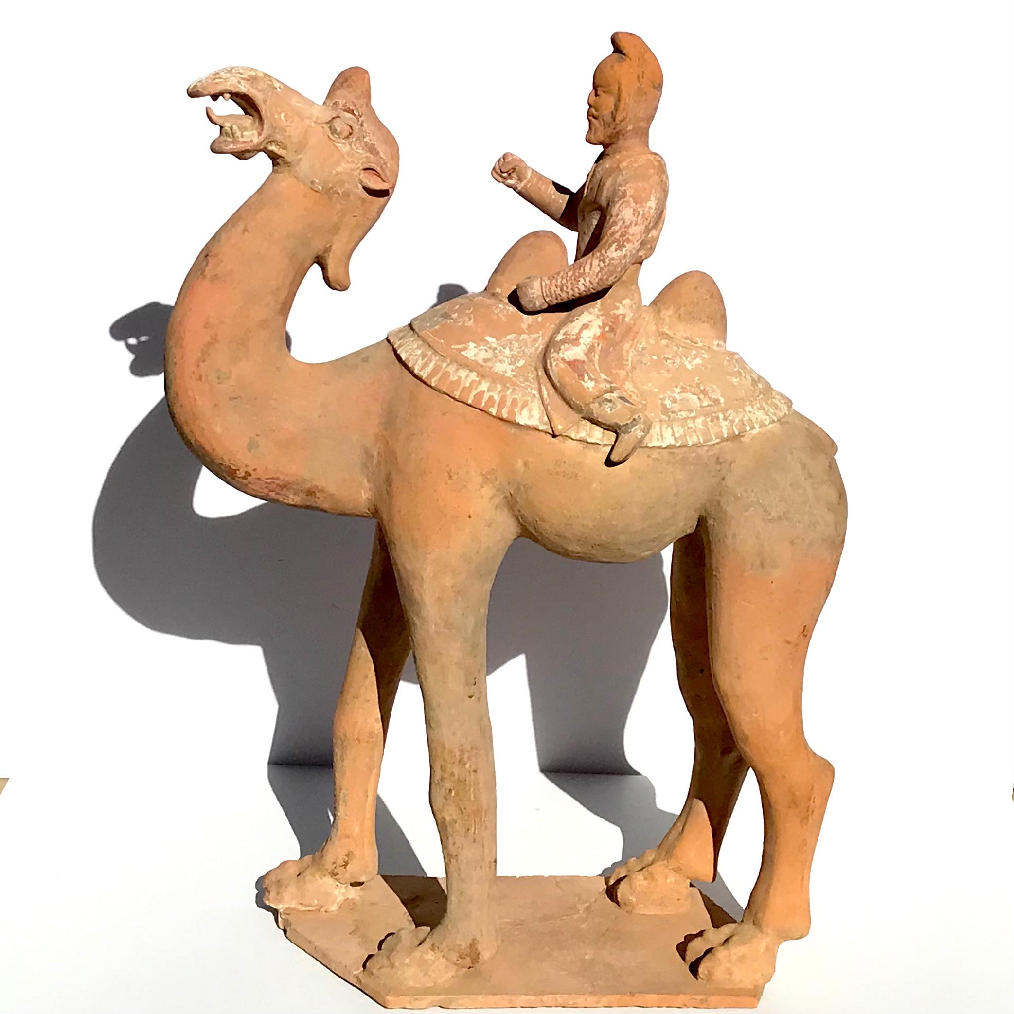 Grand chameau avec cavalier en poterie peinte de la dynastie Tang 
Dynastie Tang (618-907) 
Environ 28,75 x 20 x 10,5

Un test TL existait lorsqu'il était entre les mains de Weisbrods, mais il n'est plus disponible en raison de la perte. Veuillez