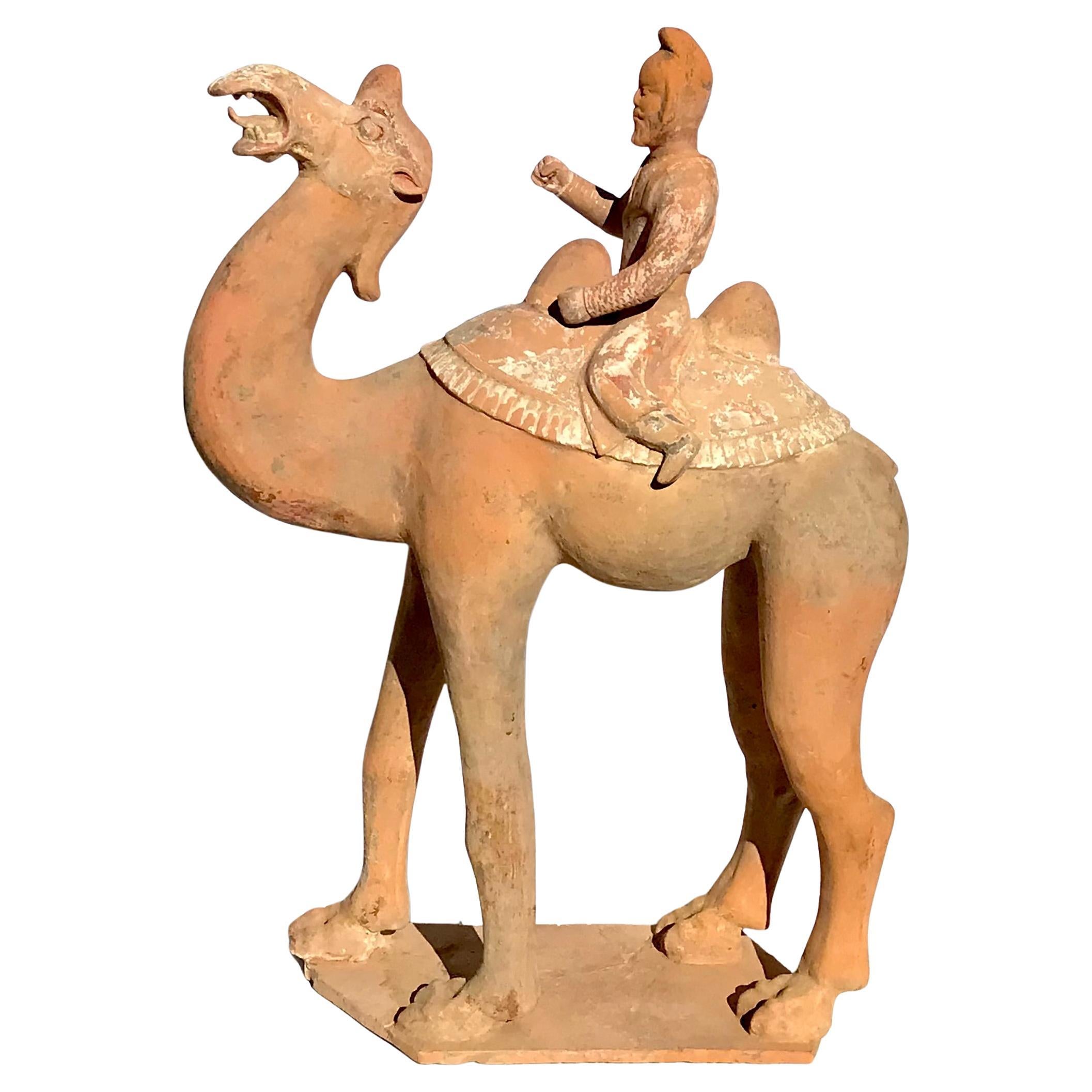 Large Tang Dynasty Bactrian Camel And Rider Pottery Sculpture