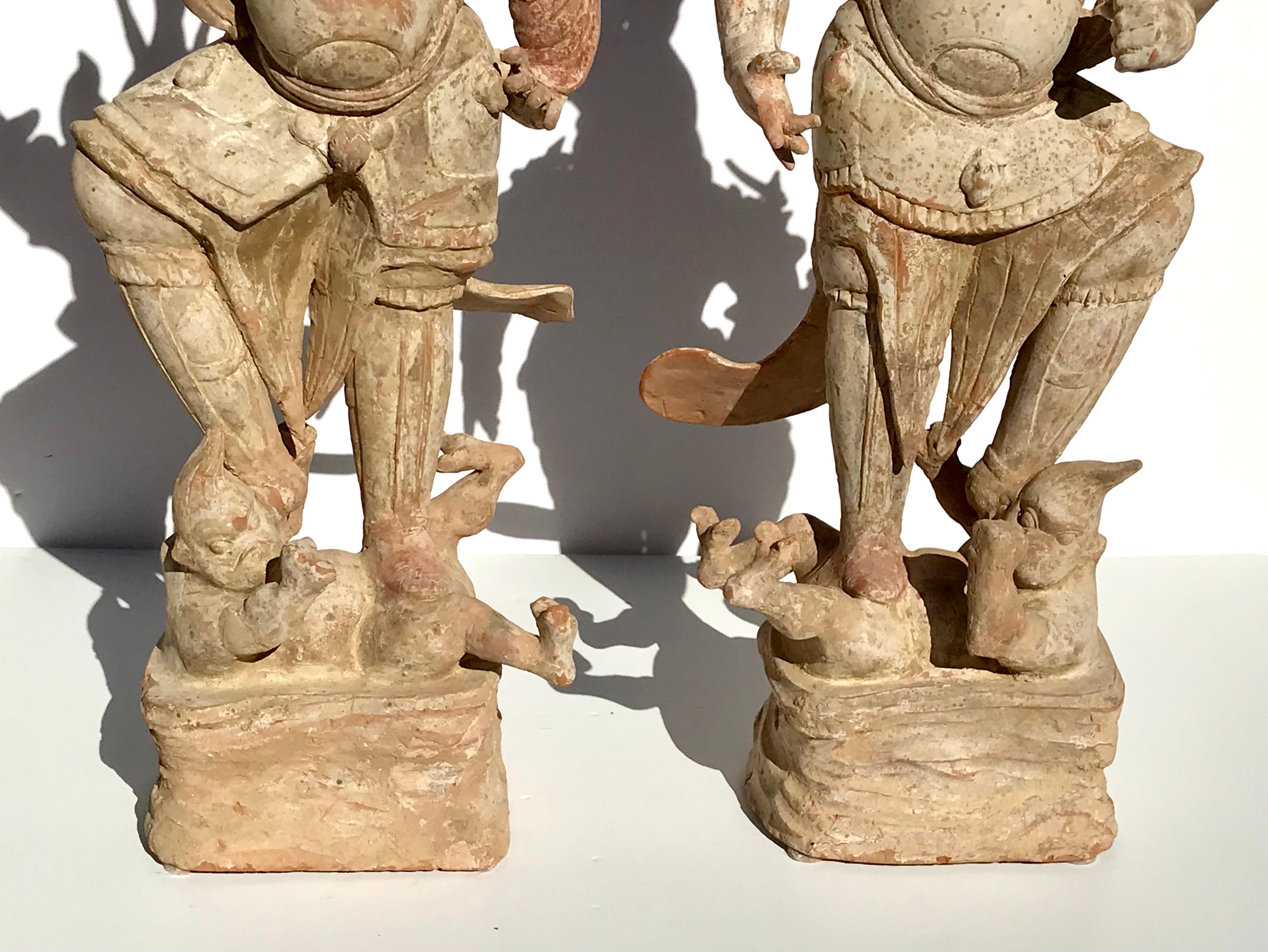 Hand-Crafted Large Tang Dynasty Pottery Painted Lokapalas Sculptures 28 Inches For Sale