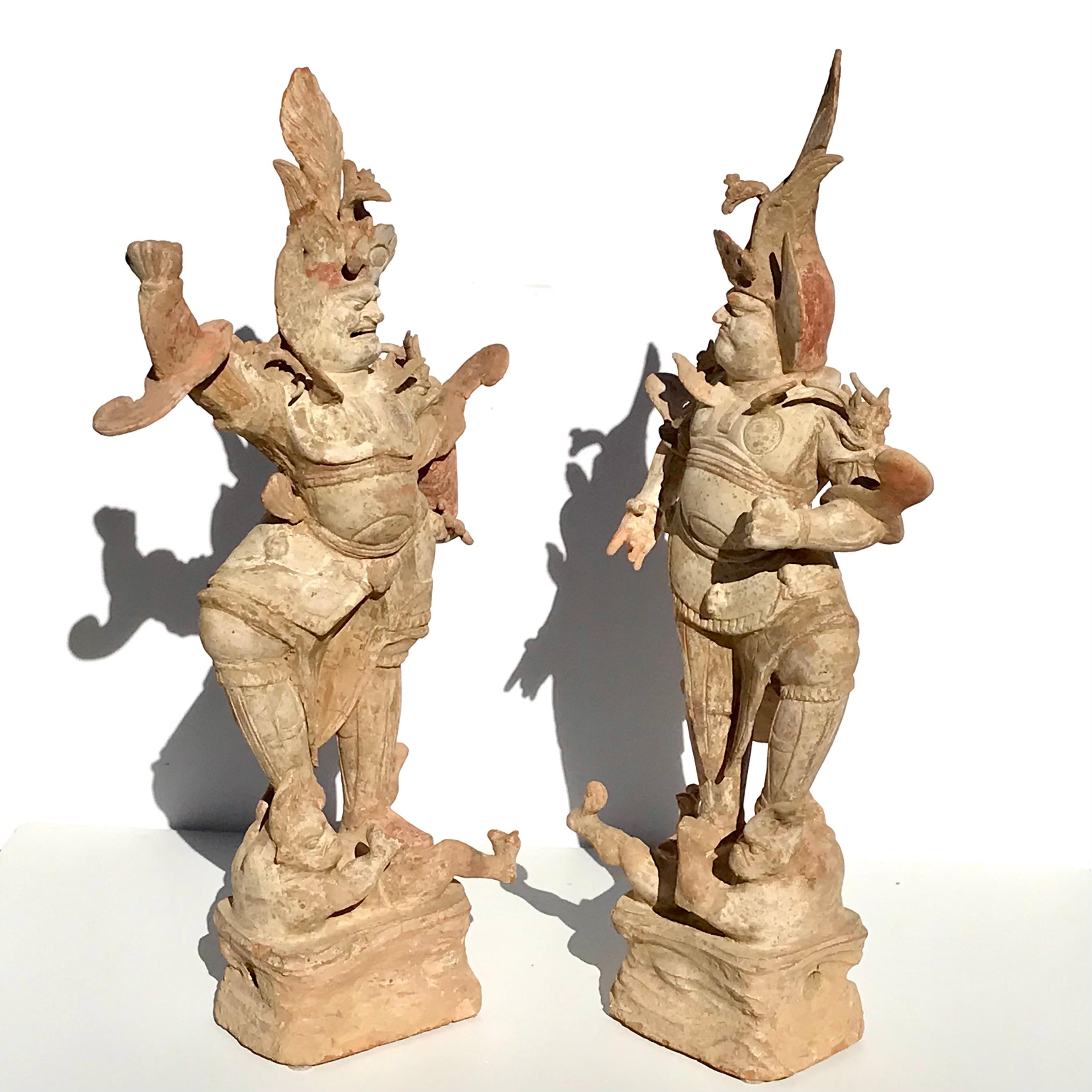 Large Tang Dynasty Pottery Painted Lokapalas Sculptures 28 Inches In Fair Condition For Sale In Dallas, TX