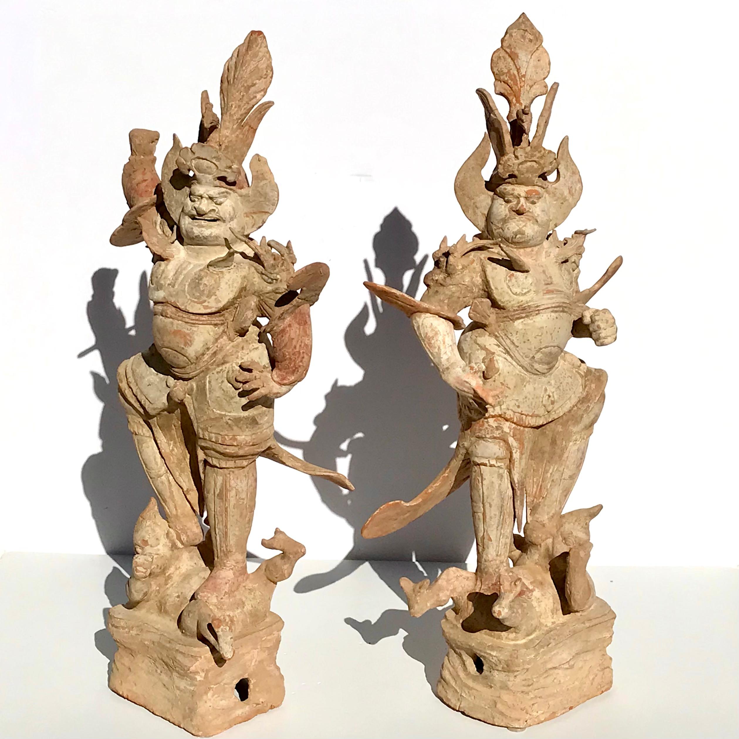 18th Century and Earlier Large Tang Dynasty Pottery Painted Lokapalas Sculptures 28 Inches For Sale