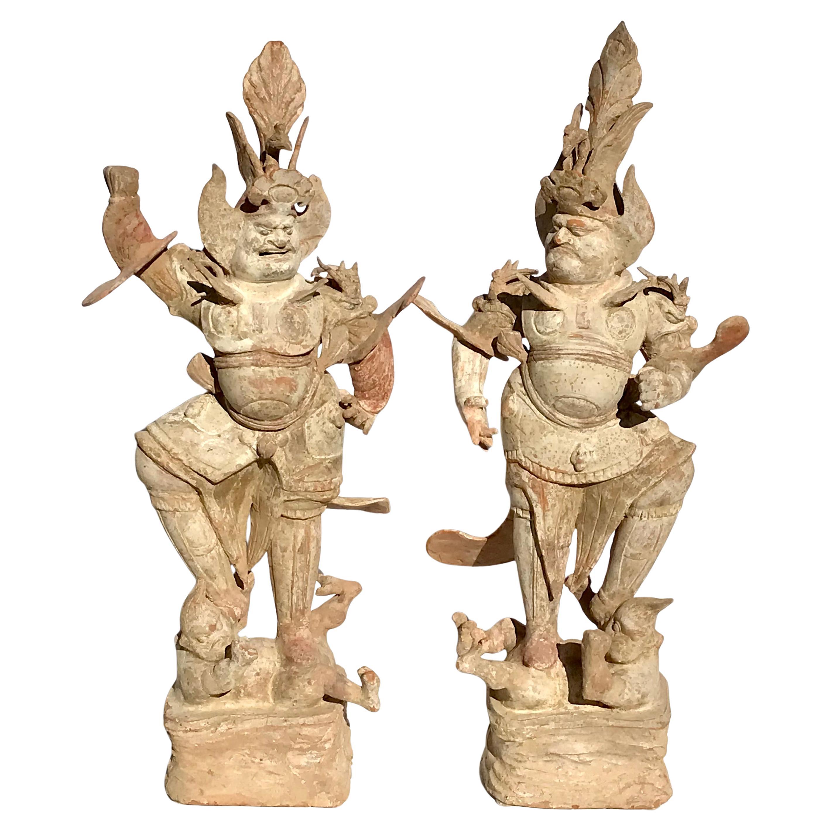 Large Tang Dynasty Pottery Painted Lokapalas Sculptures 28 Inches For Sale