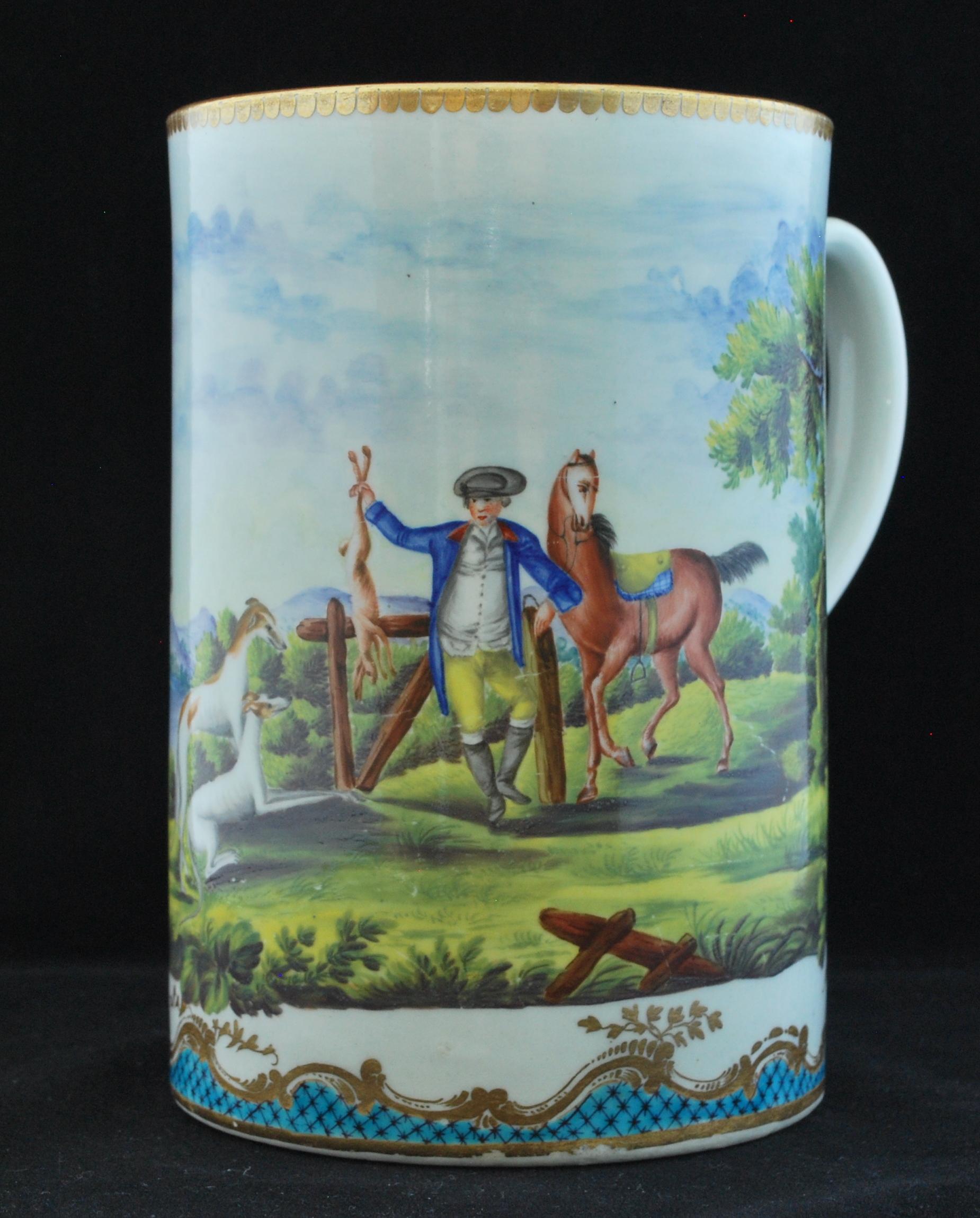 A fine, large 18th century tankard, redecorated in the 19th century with a scene of hare coursing.