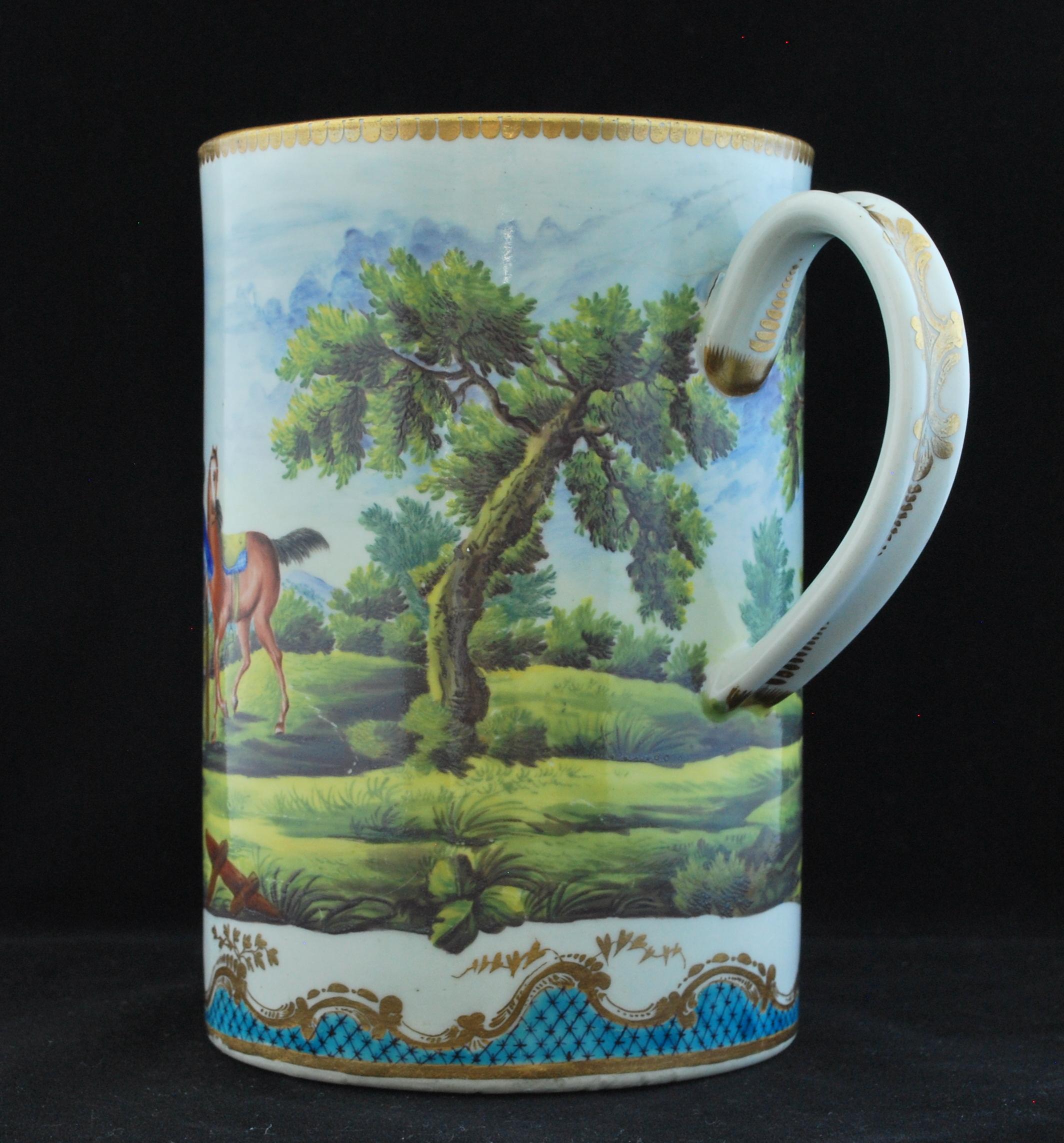 Porcelain Large Tankard, Worcester, circa 1770, Later Decorated For Sale