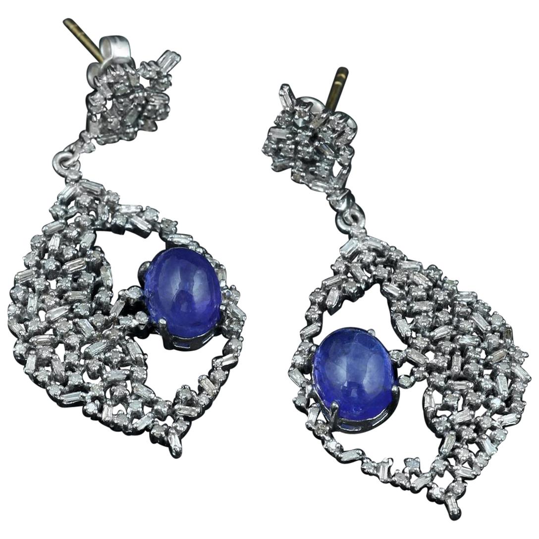 Large Tanzanite and Baguette Diamond Earrings For Sale
