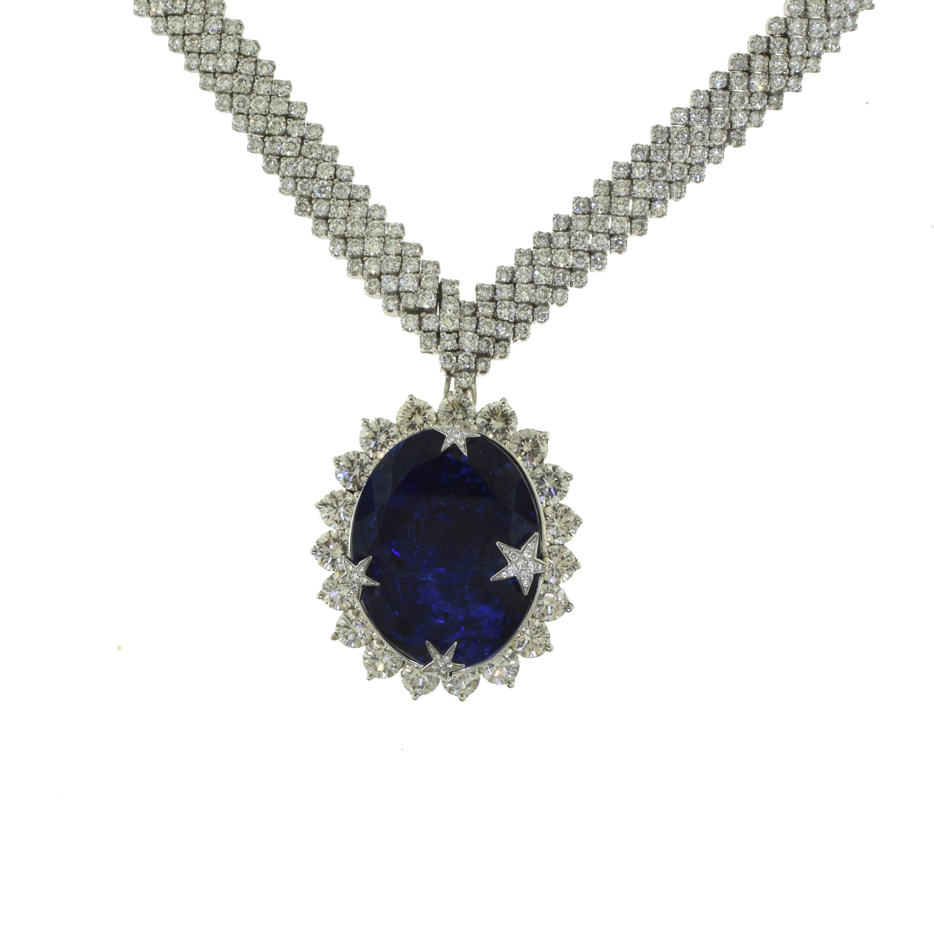 Large Tanzanite and Diamond White Gold Three-Piece Earring, Necklace, Ring Set In Excellent Condition For Sale In Miami, FL