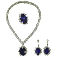 Large Tanzanite and Diamond White Gold Three-Piece Earring, Necklace, Ring Set