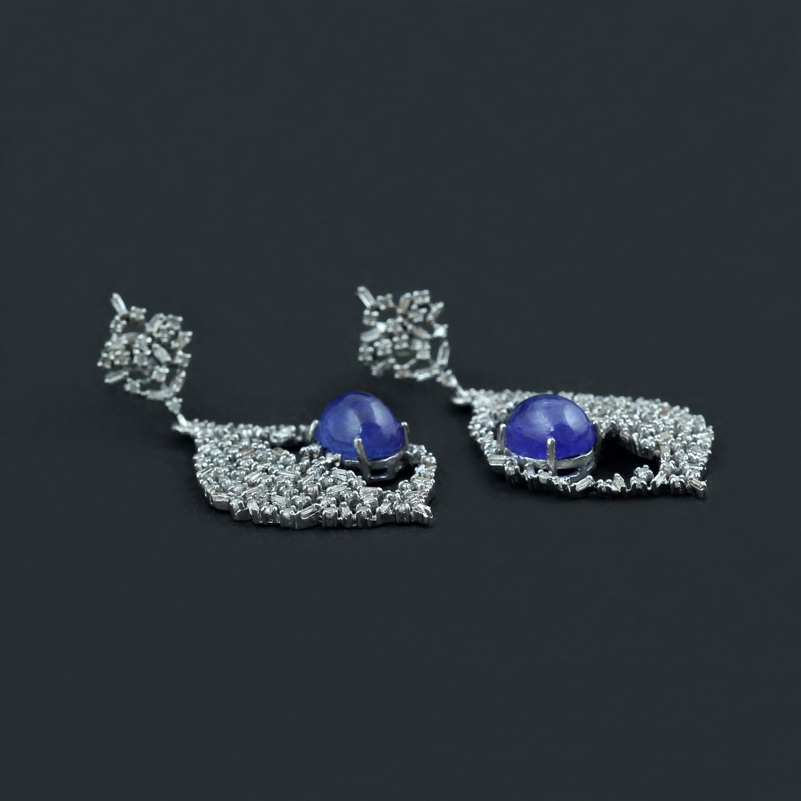 Artisan Large Tanzanite and Baguette Diamond Earrings For Sale