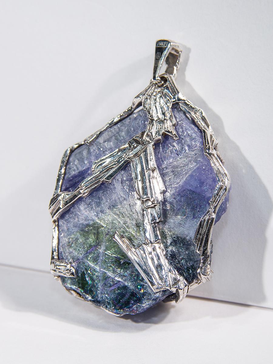 Rough Cut Large Tanzanite Necklace Silver Raw Crystal Unique Pendant Lord of the Rings Art For Sale