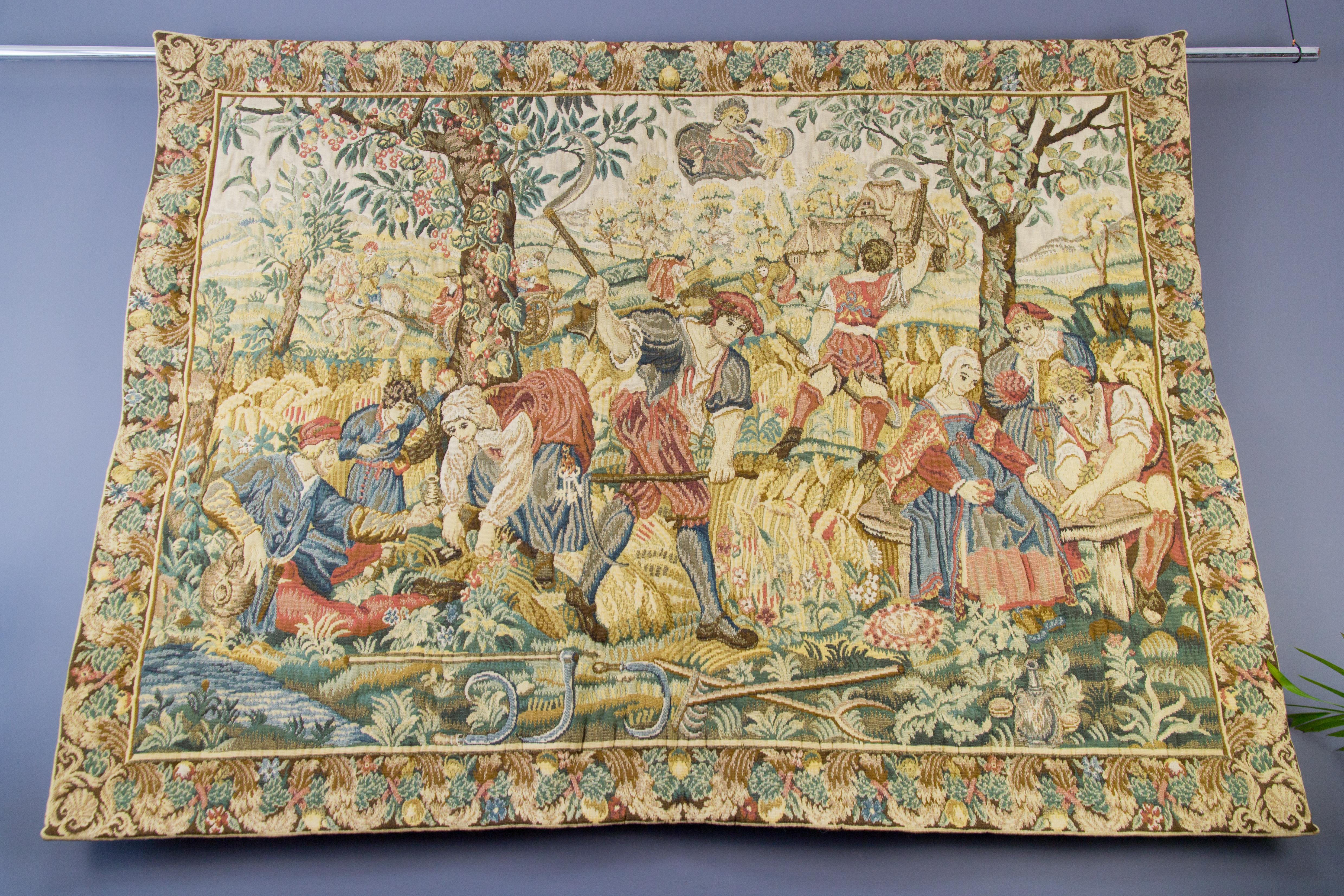 Large Tapestry Featuring a Medieval Harvest Scene 9
