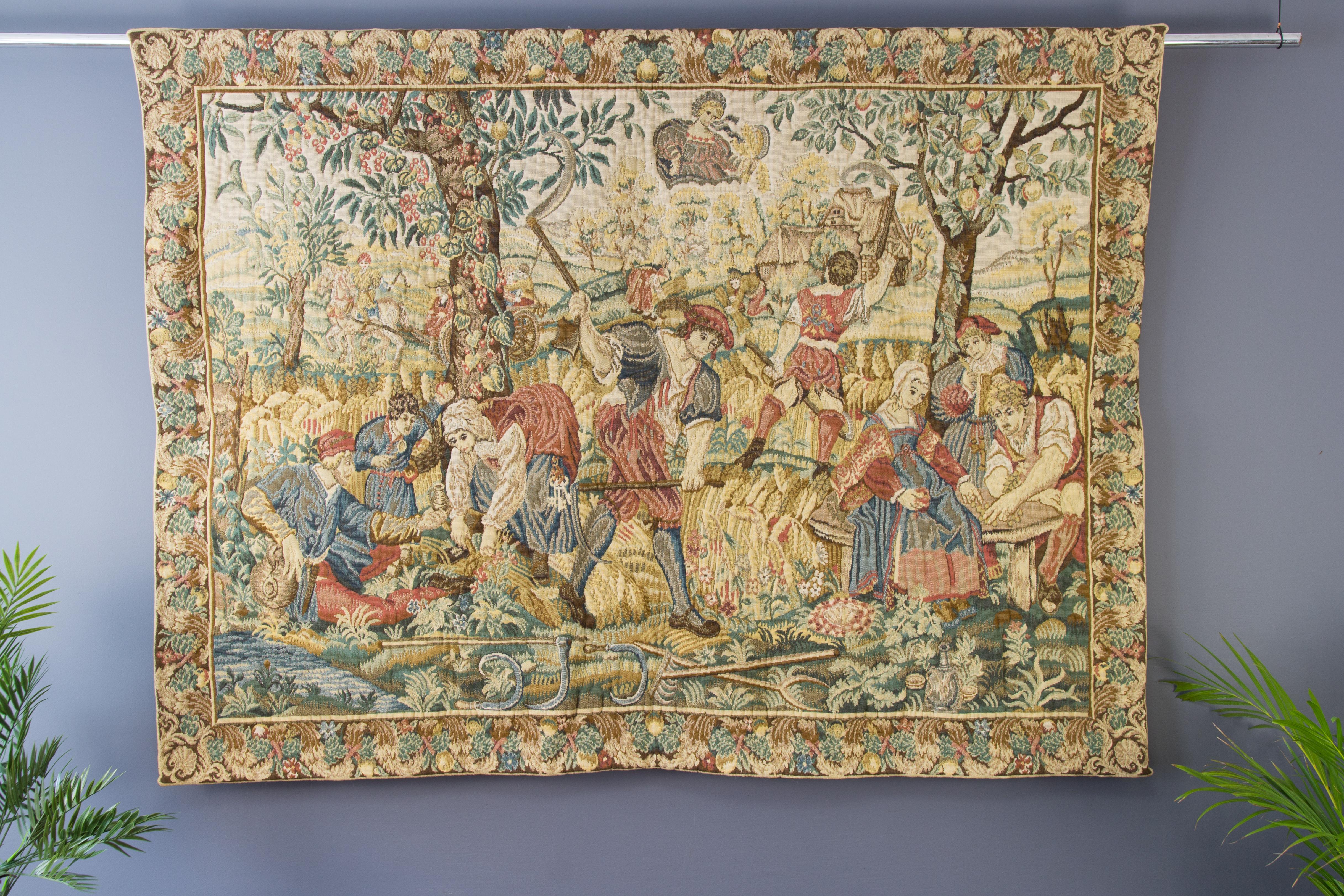 A beautiful, large, and thick tapestry featuring a Medieval harvest scene, wall-hanging. France, circa the 1950s.
The tapestry is fully lined incorporating a rod pocket on the back for hanging.
Dimensions:
Measures: Height 127 cm / 50 in; width 170