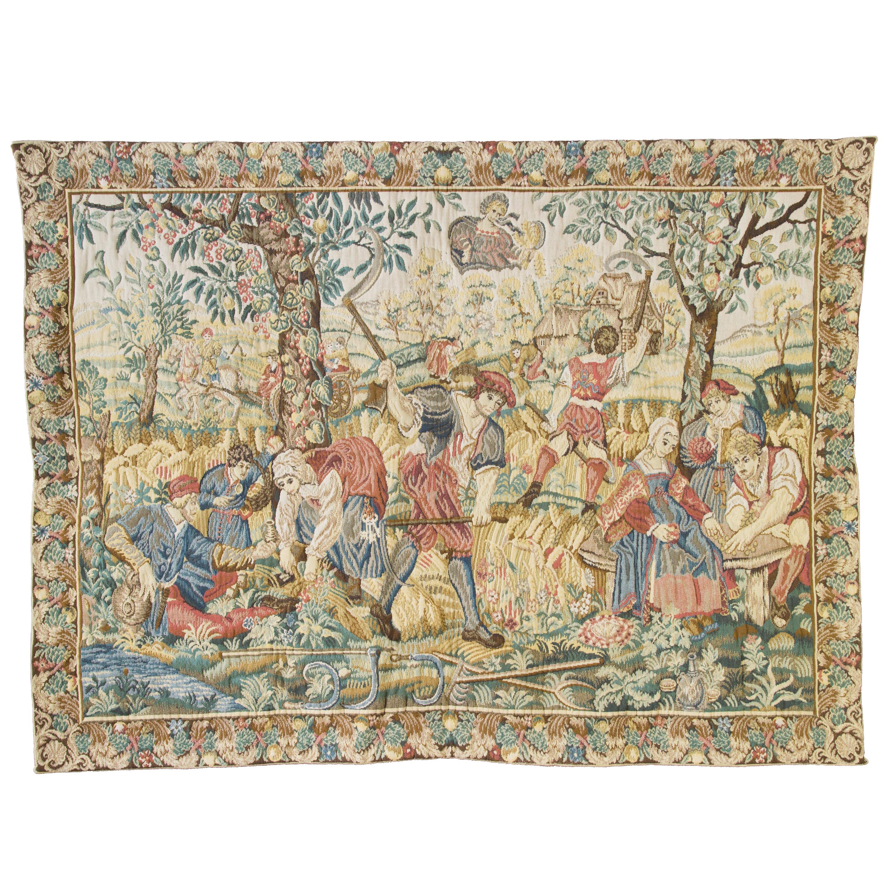 Large Tapestry Featuring a Medieval Harvest Scene