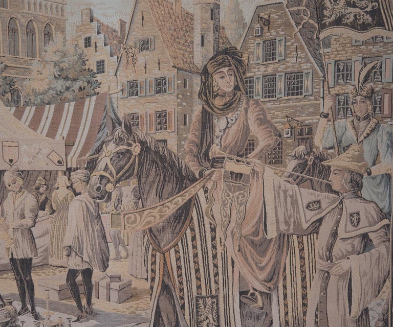 Large Tapestry Featuring a Medieval Market Scene in Wood Frame For Sale