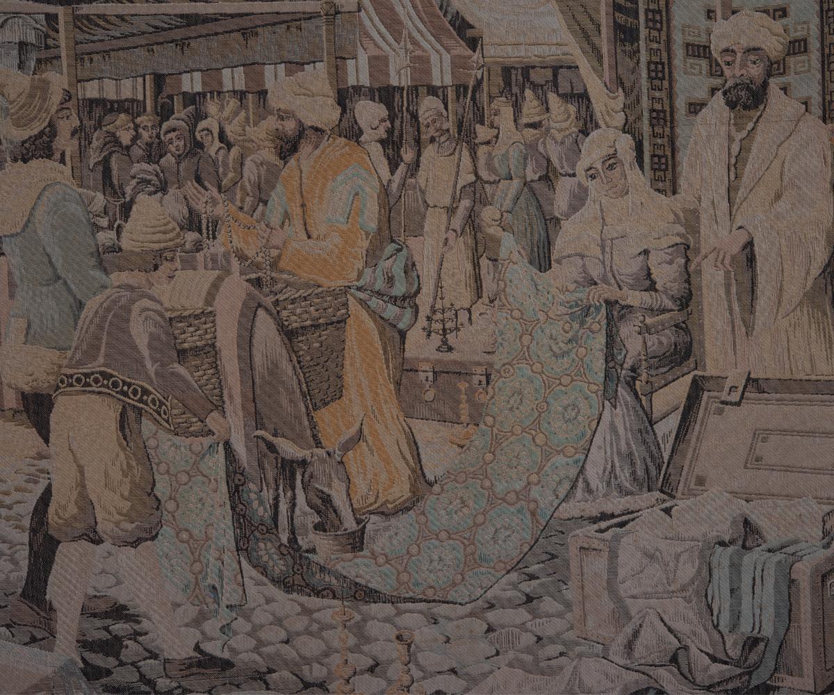 European Large Tapestry Featuring a Medieval Market Scene in Wood Frame For Sale