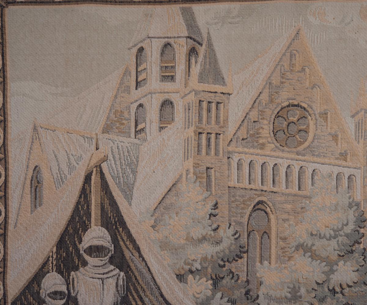 Large Tapestry Featuring a Medieval Market Scene in Wood Frame In Good Condition For Sale In Laguna Beach, CA