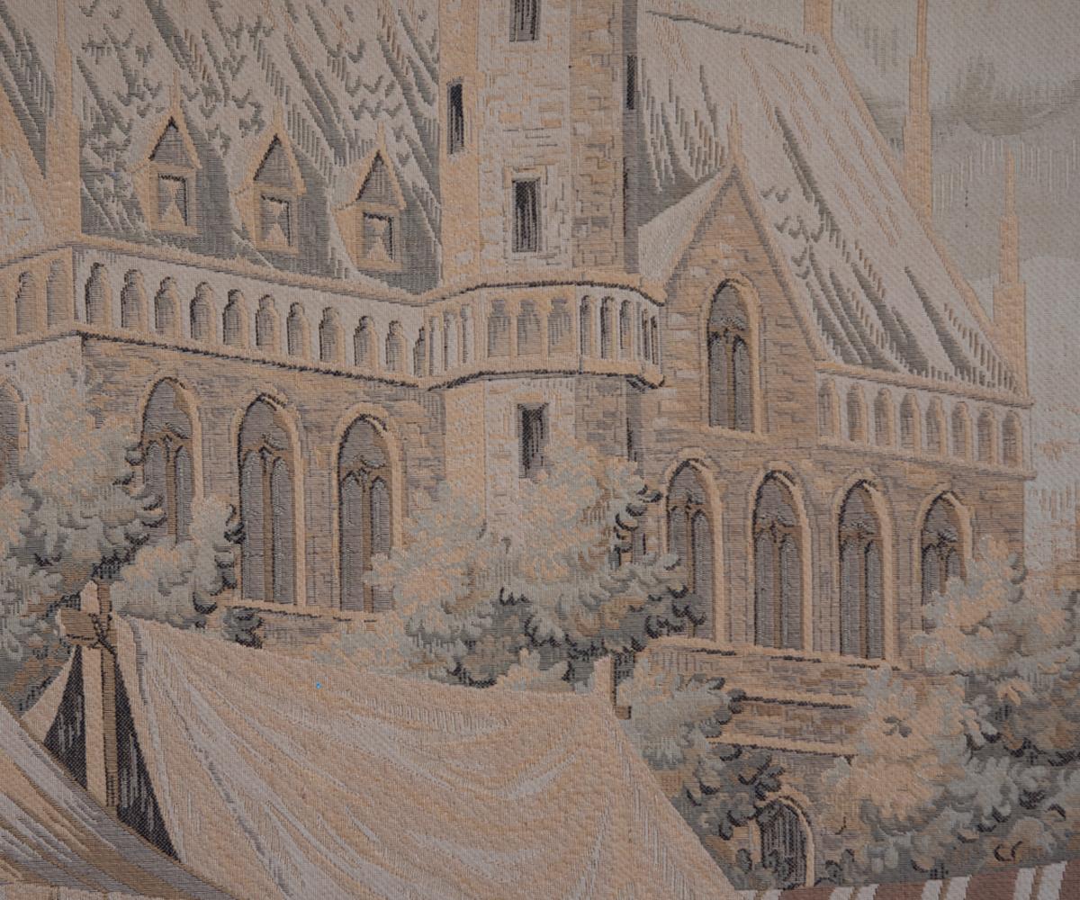 20th Century Large Tapestry Featuring a Medieval Market Scene in Wood Frame For Sale