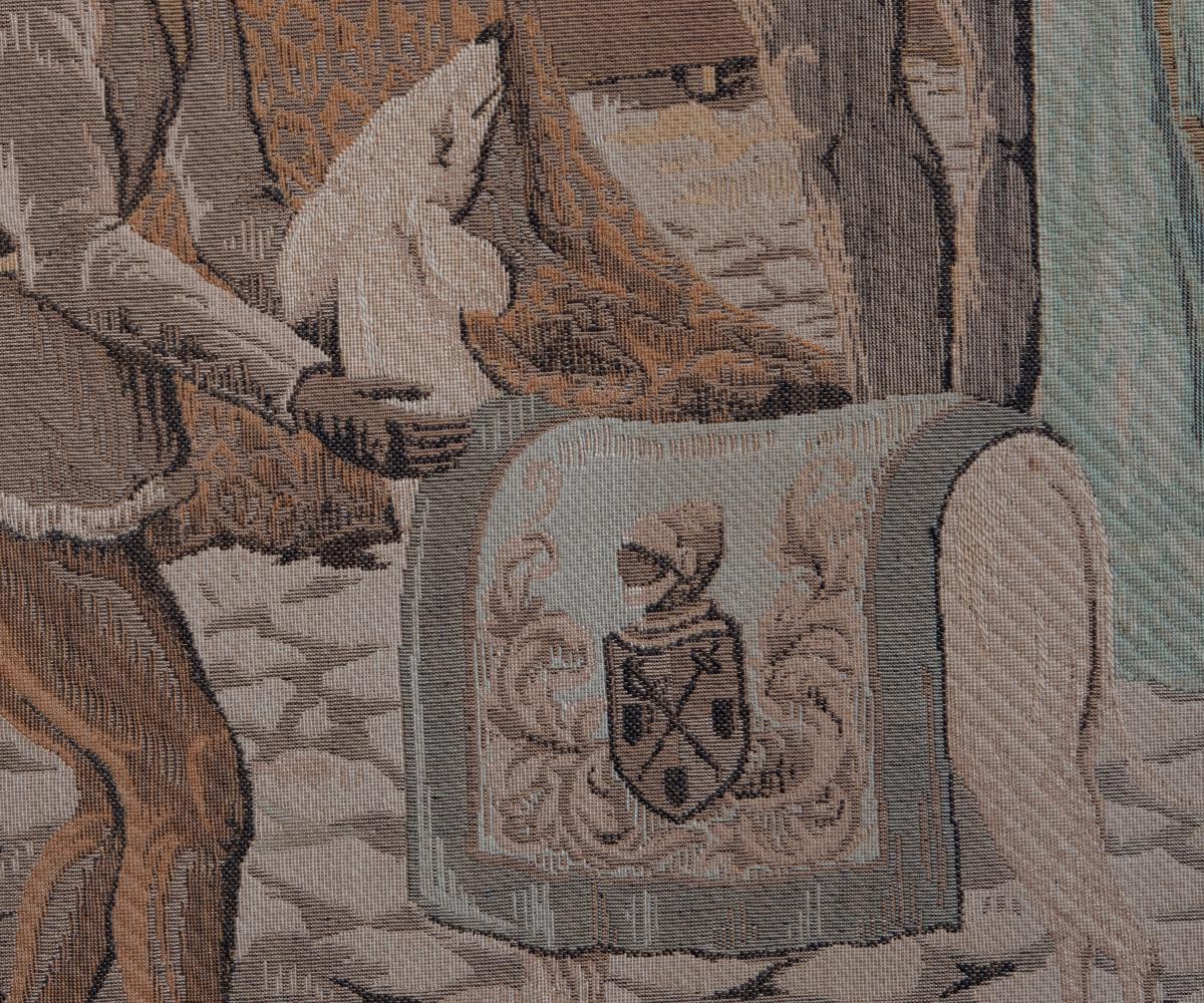 Fabric Large Tapestry Featuring a Medieval Market Scene in Wood Frame For Sale