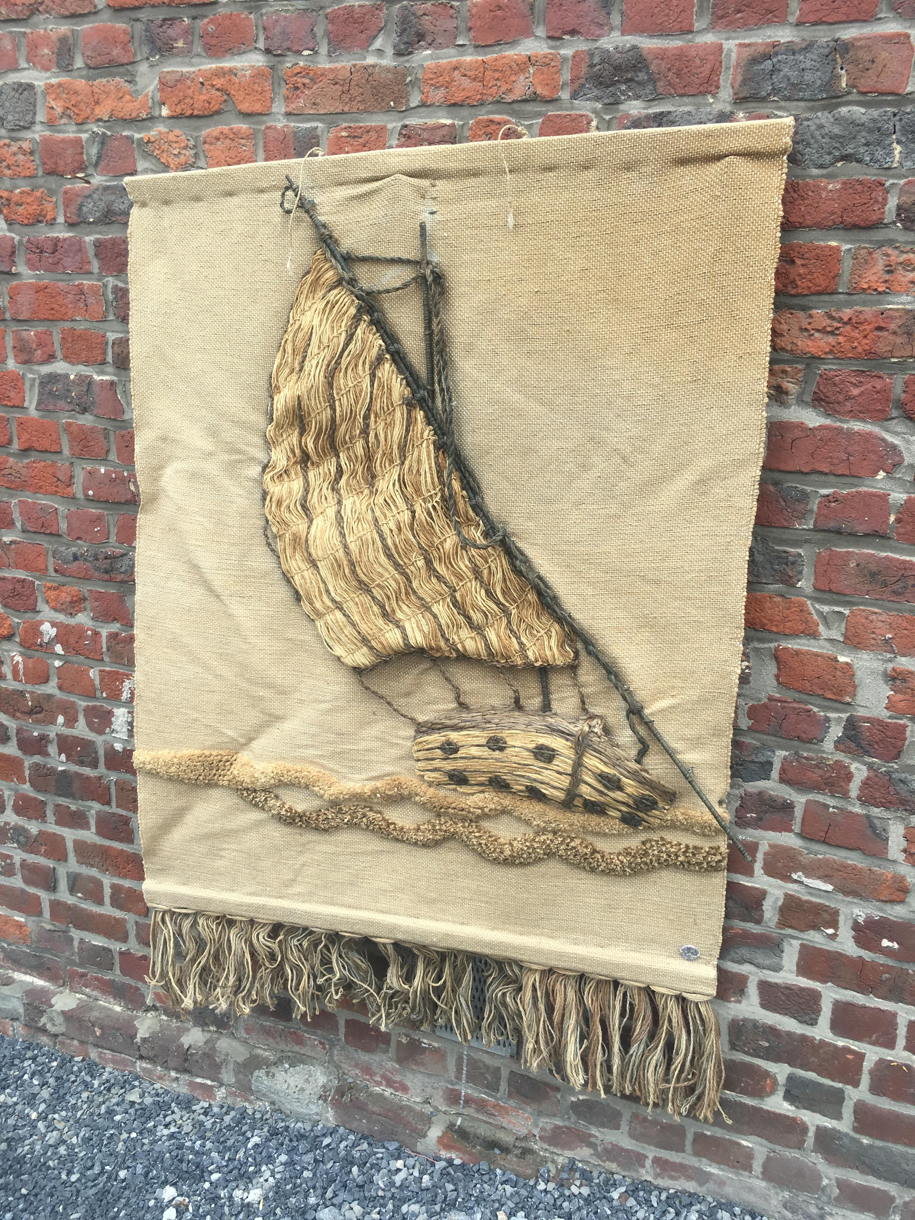 Mid-Century Modern Large Tapestry Made of Wool, Wood and Cotton, circa 1970-1980 For Sale