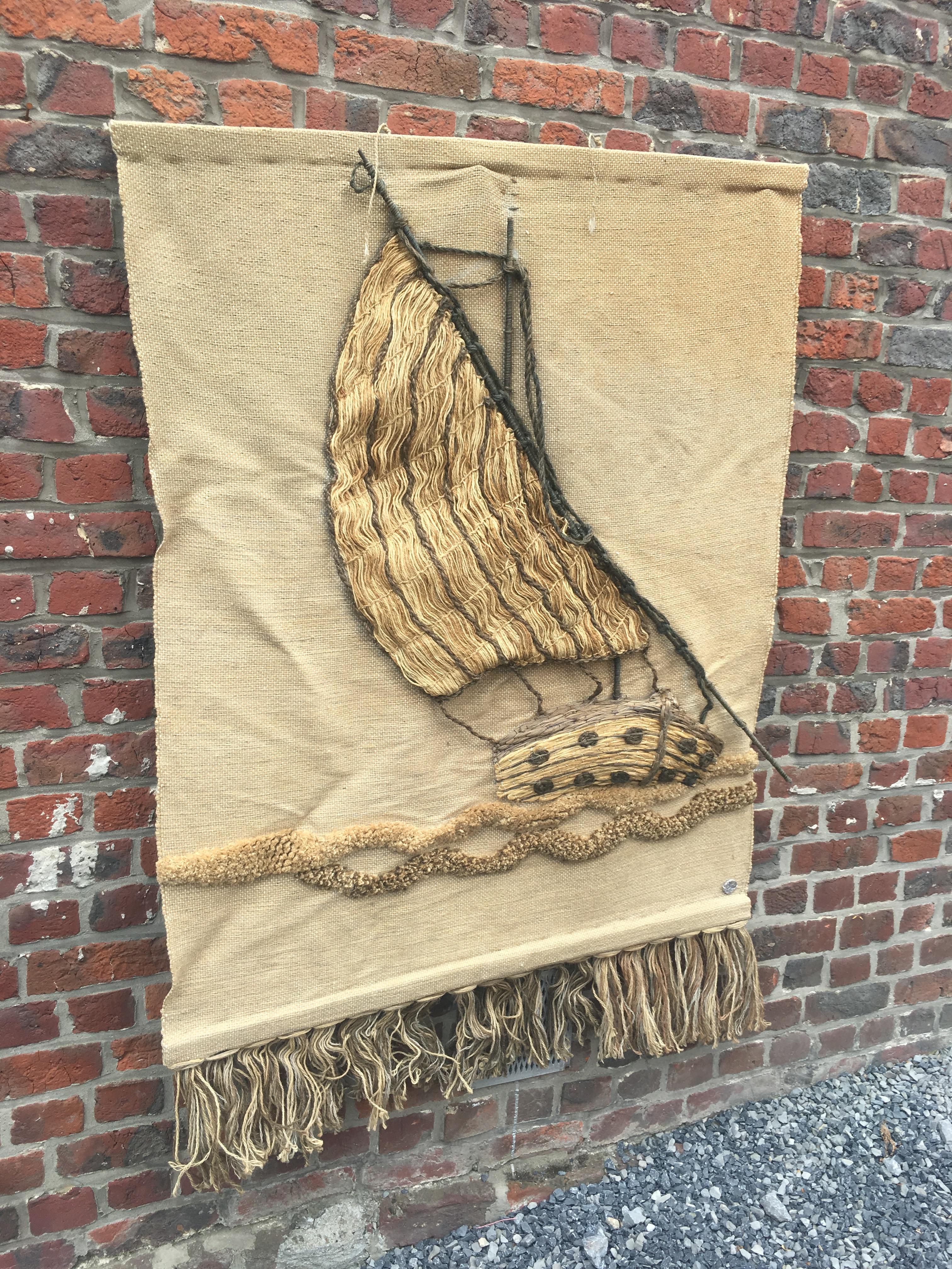 Large Tapestry Made of Wool, Wood and Cotton, circa 1970-1980 For Sale 1