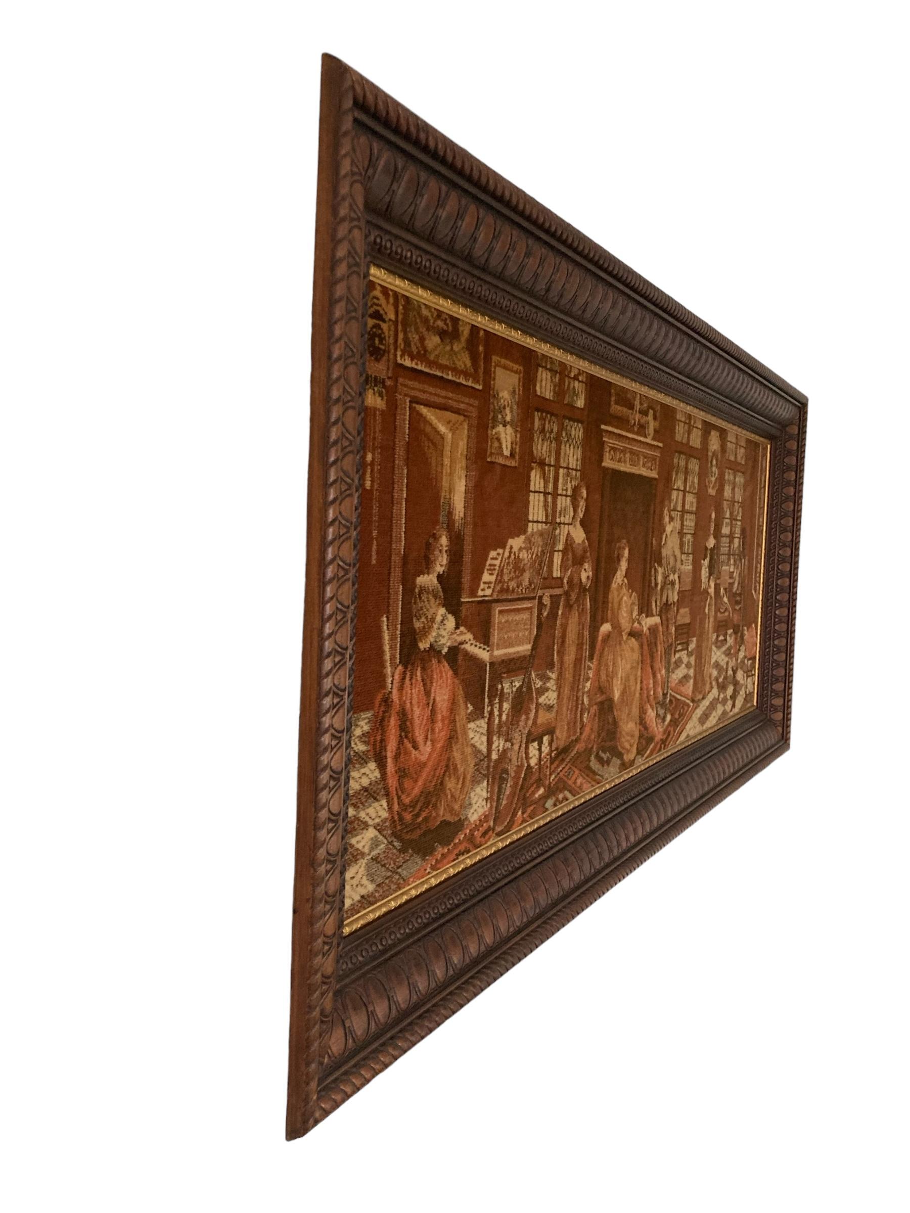 Cuadro grande de terciopelo estilo tapiz en marco grande de madera Isabelino en venta