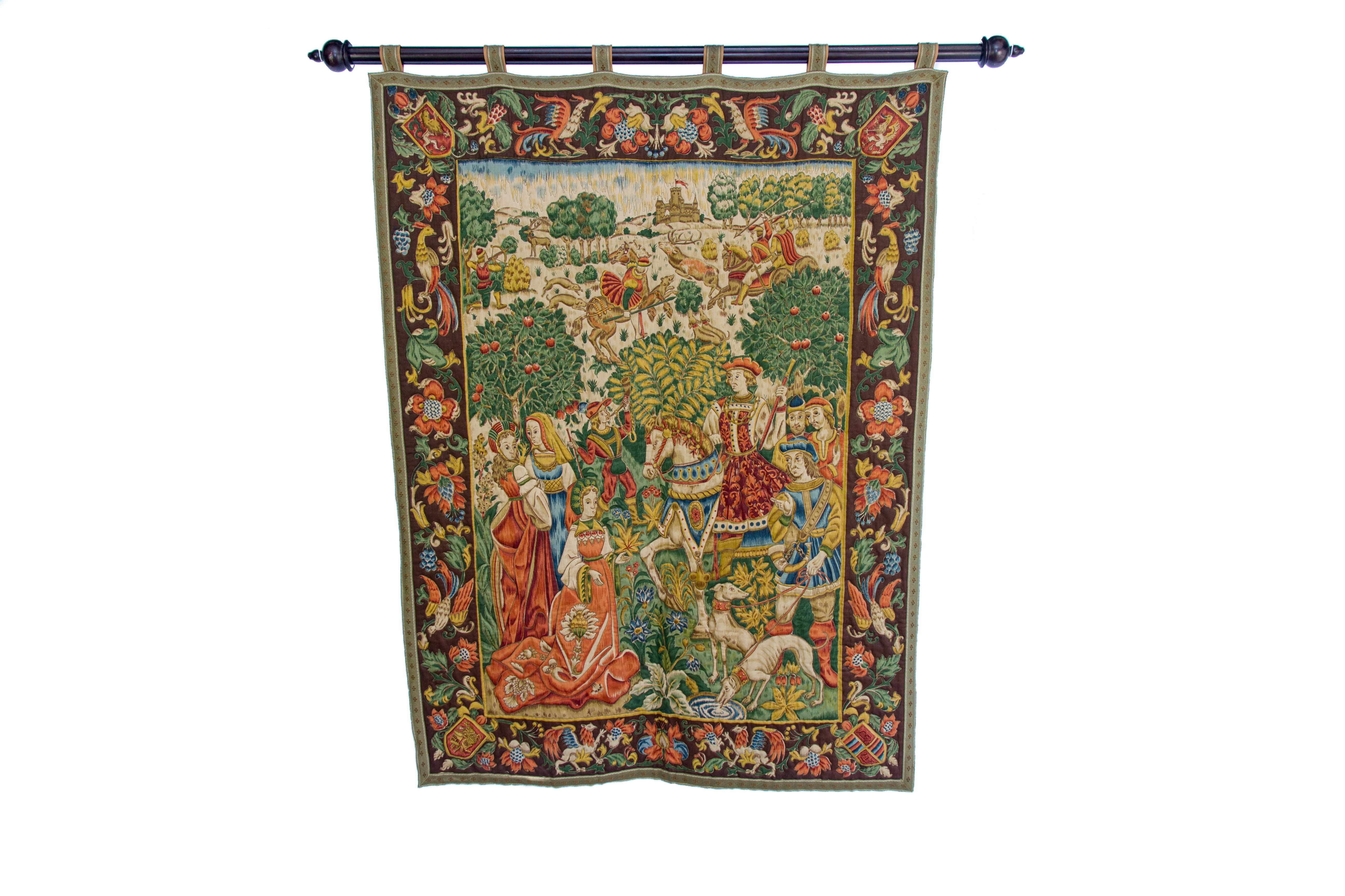 20th Century Large Tapestry Wall Hanging Decor Medieval Scene
