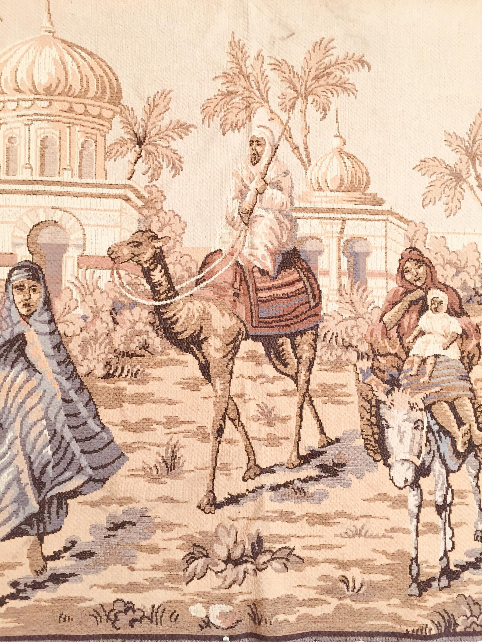 Canvas Large Tapestry with an 19th Century Orientalist Scene and Moorish Architecture For Sale