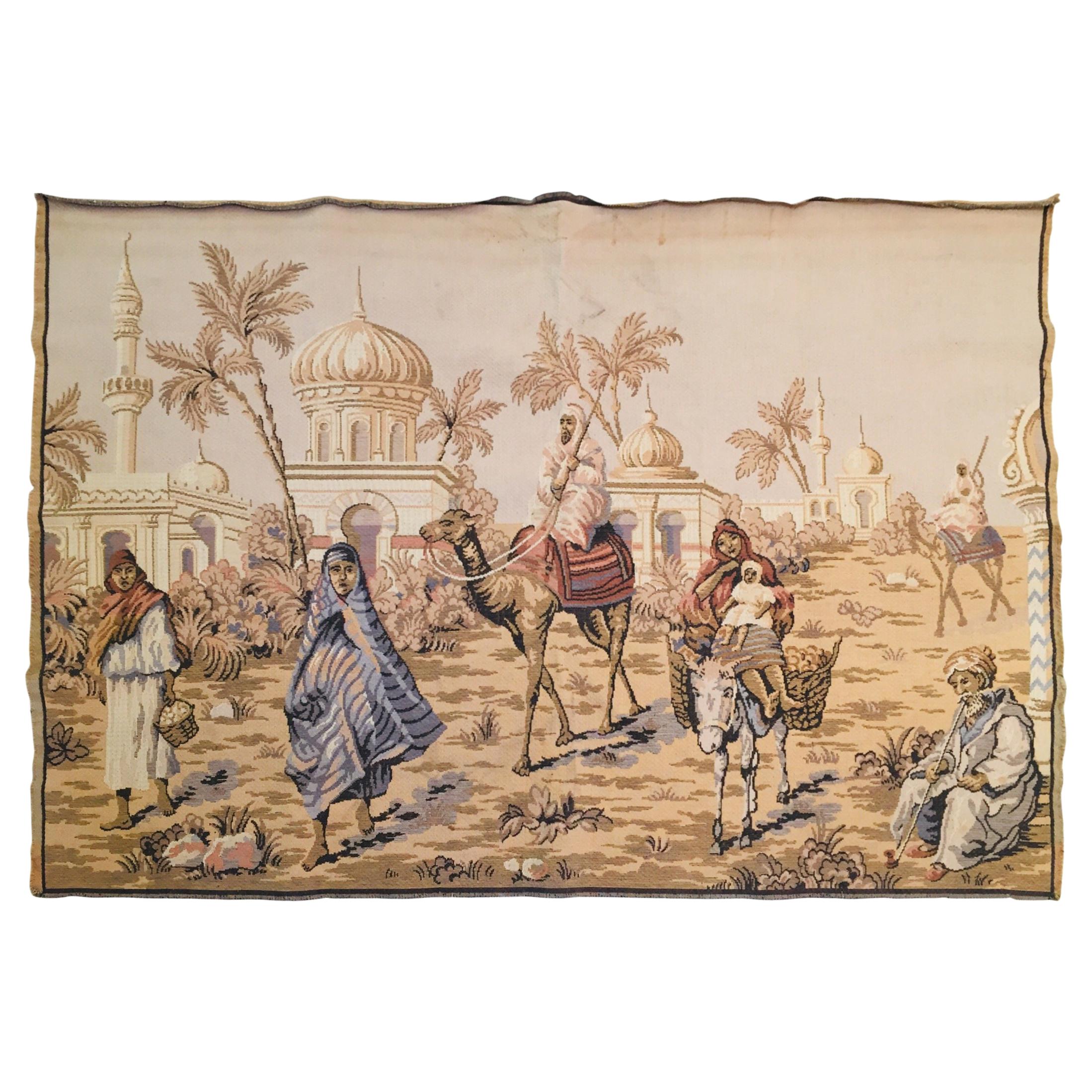 Grande tapisserie avec une scène orientaliste et une architecture mauresque du 19e siècle