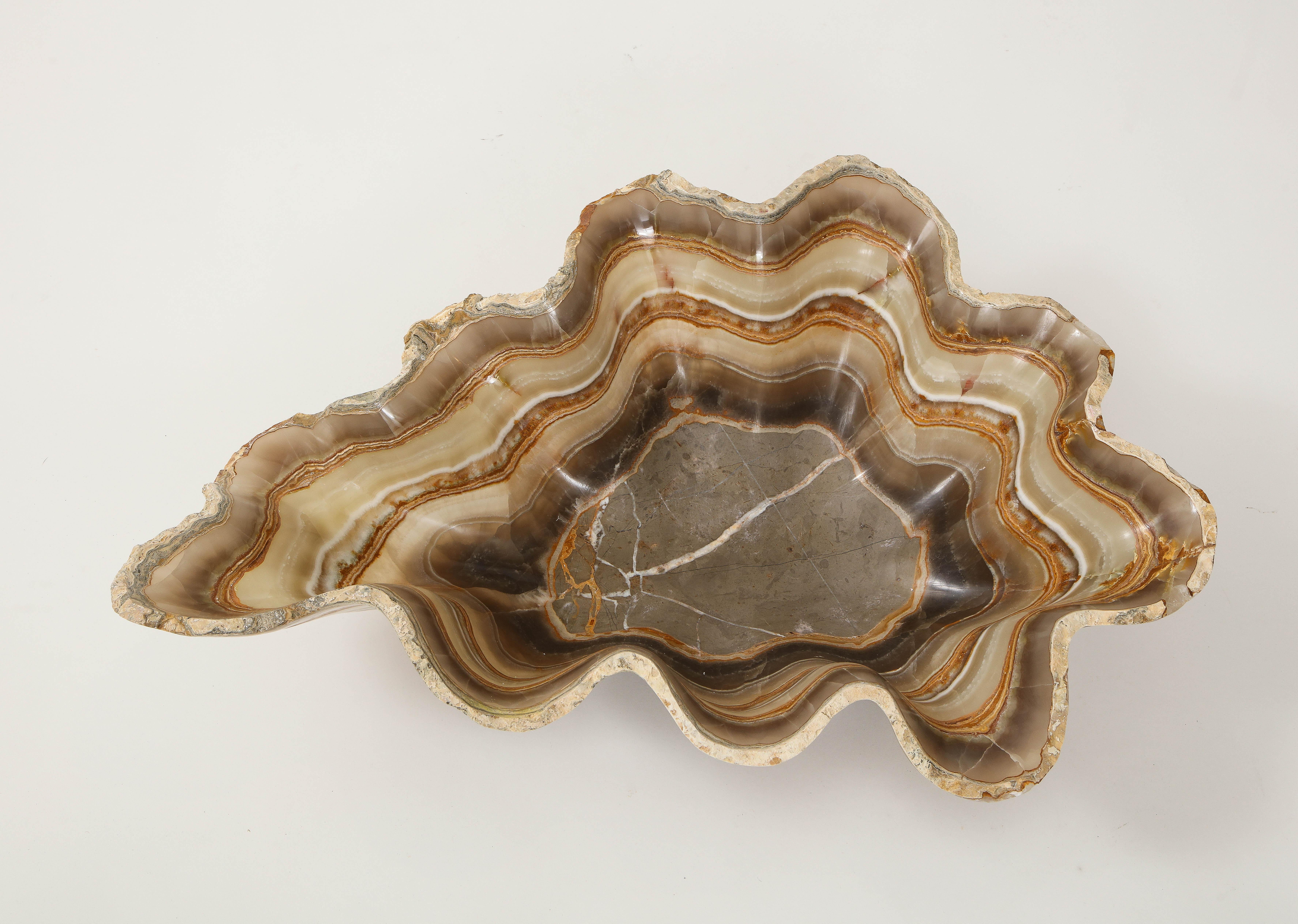 Post-Modern Large Taupe, Amber and Gray Hand Carved Raw Edge Onyx Bowl or Centerpiece
