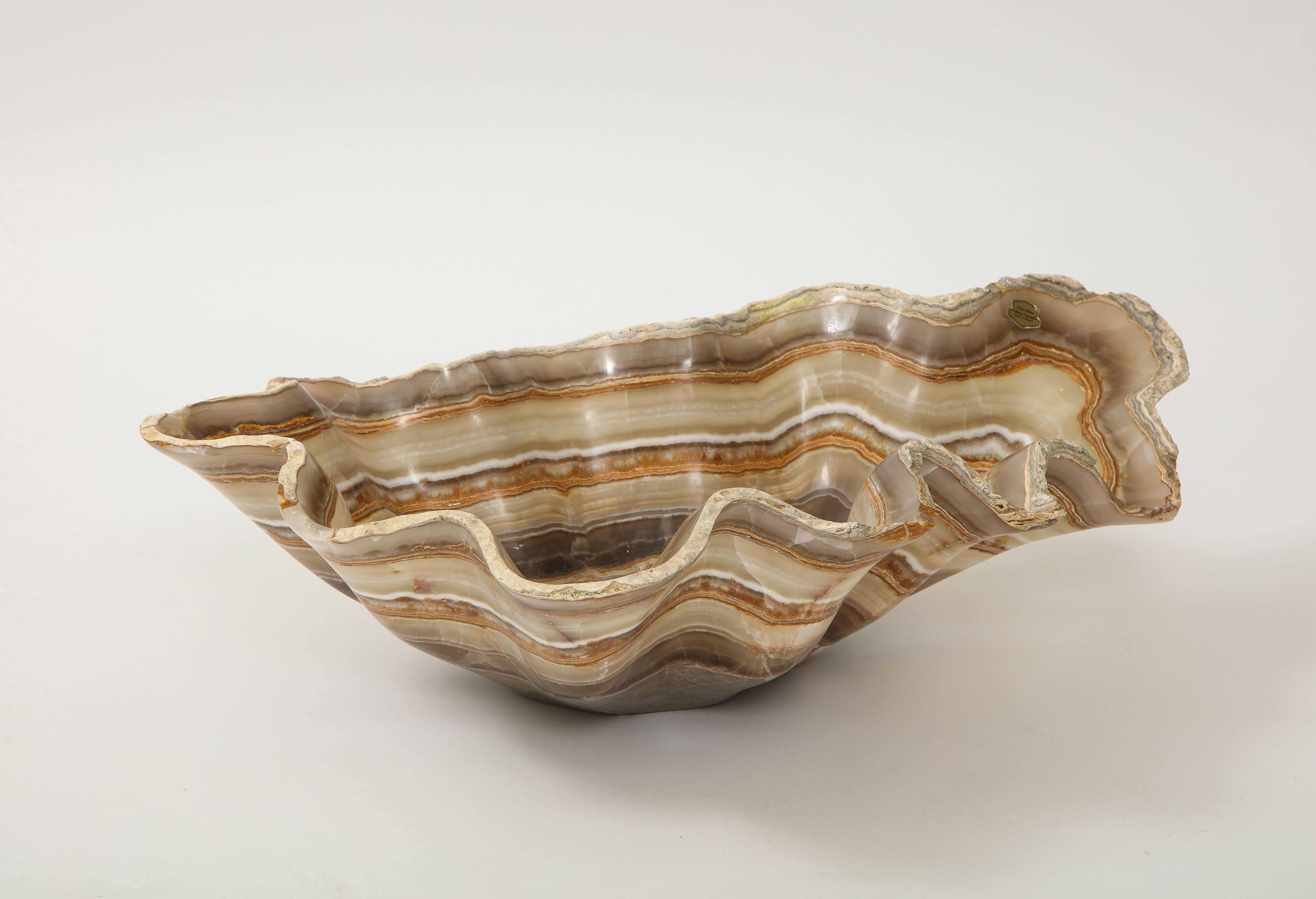 Contemporary Large Taupe, Amber and Gray Hand Carved Raw Edge Onyx Bowl or Centerpiece
