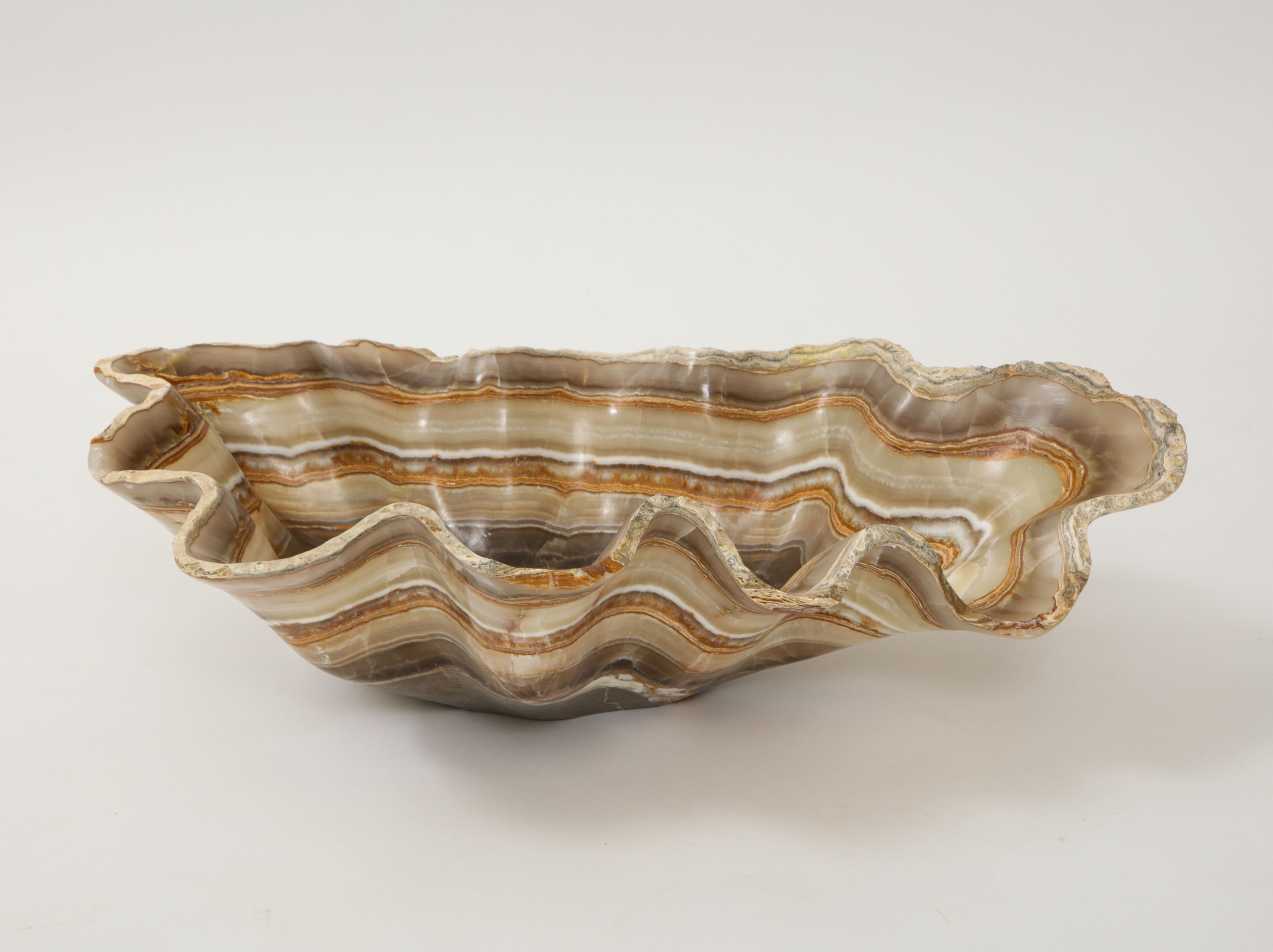 Large Taupe, Amber and Gray Hand Carved Raw Edge Onyx Bowl or Centerpiece 1