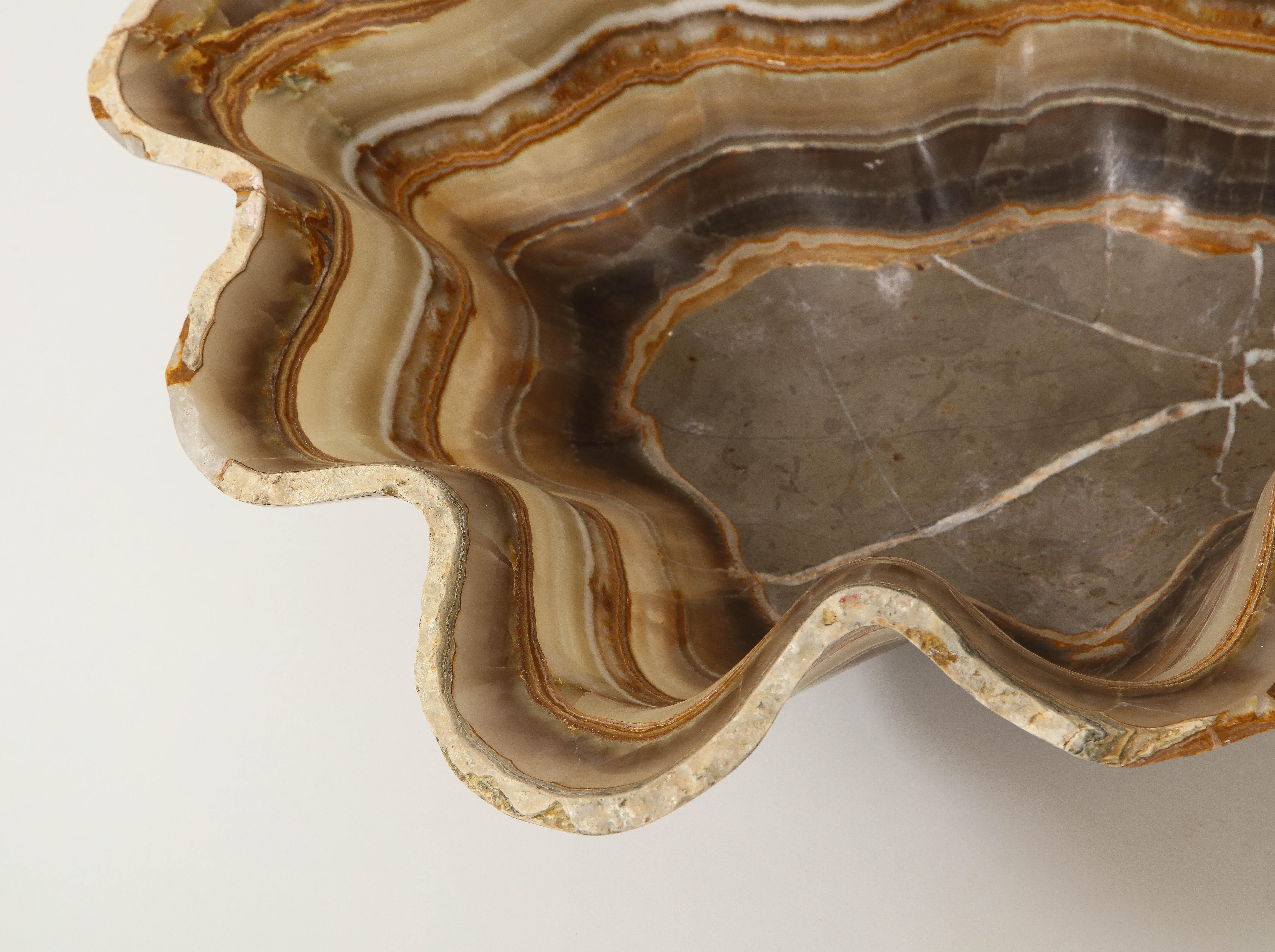Large Taupe, Amber and Gray Hand Carved Raw Edge Onyx Bowl or Centerpiece 2