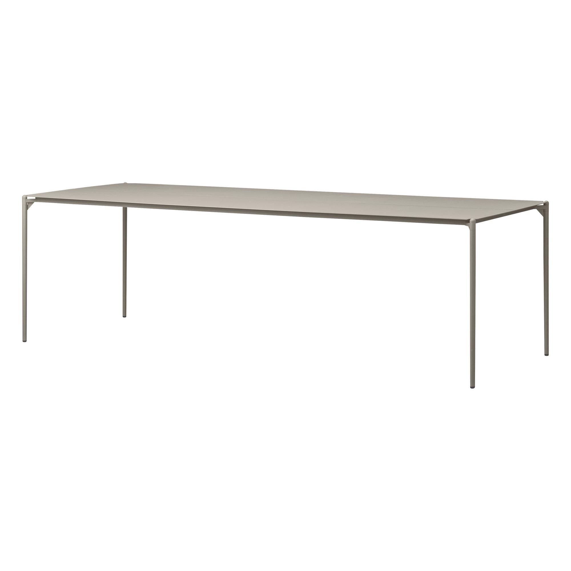 Large taupe minimalist table
Dimensions: D 240 x W 90 x H 72 cm 
Materials: Steel w. Matte Powder Coating & Aluminum w. Matte Powder Coating.
Available in colors: Taupe, Bordeaux, Forest, Ginger Bread, Black and, Black and Gold. 


Bring