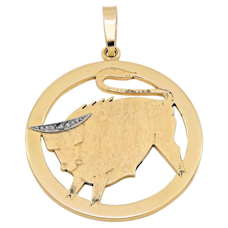 Large Taurus Diamond Zodiac Gold Charm Pendant For Sale